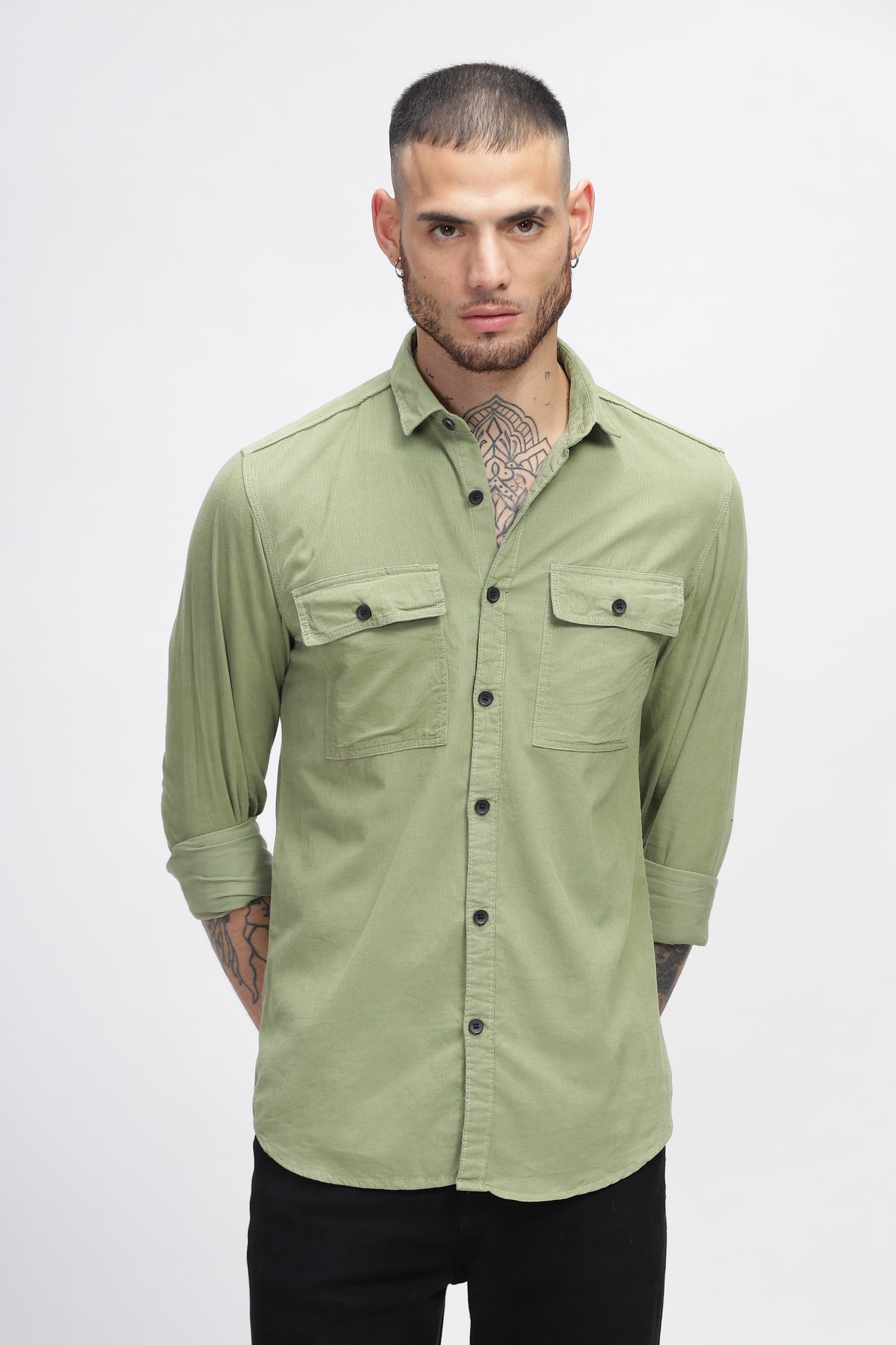 Green Cotton Corduroy Mens Double Pocket Cotton Shirts