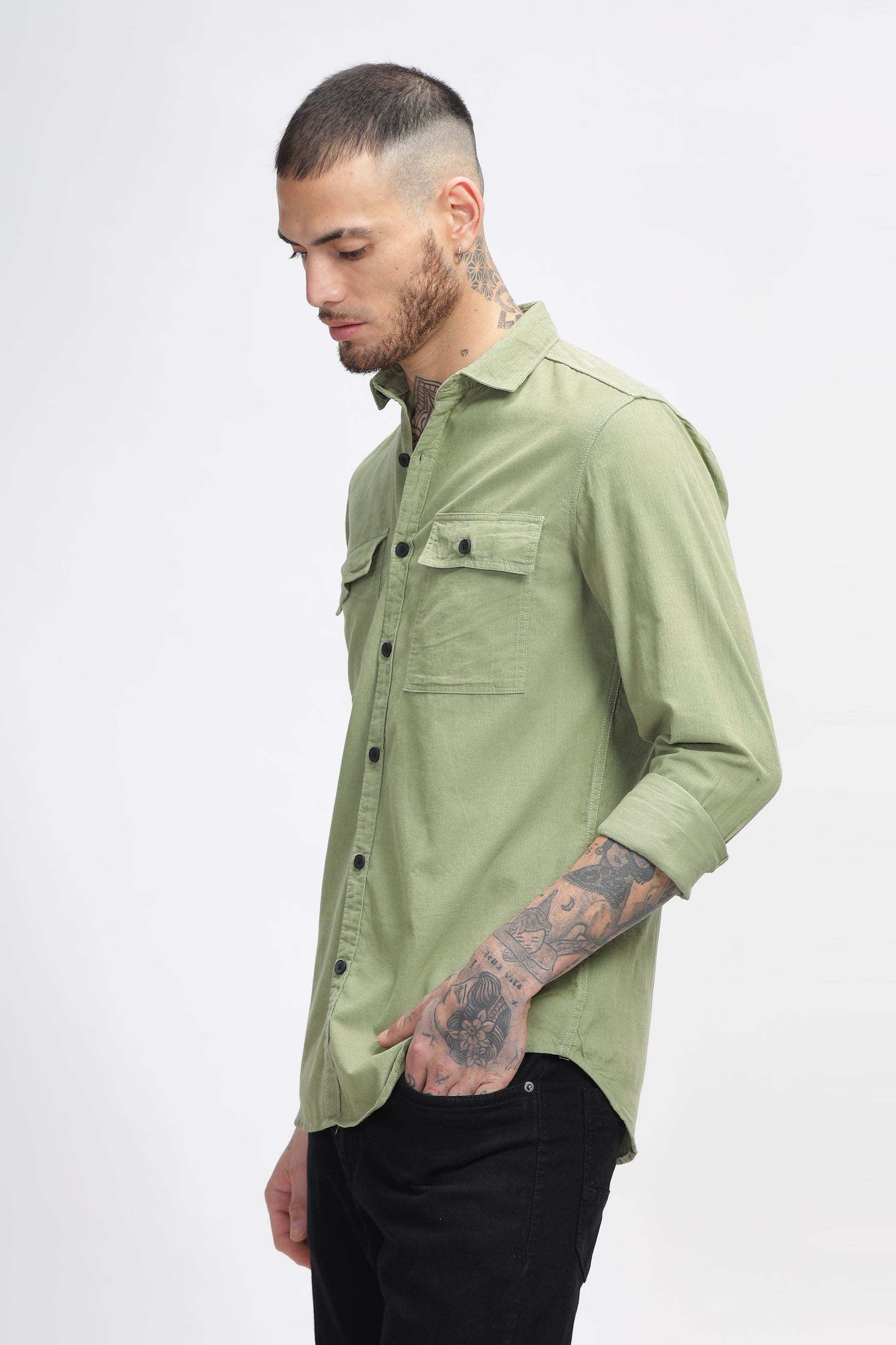 Green Cotton Corduroy Mens Double Pocket Cotton Shirts