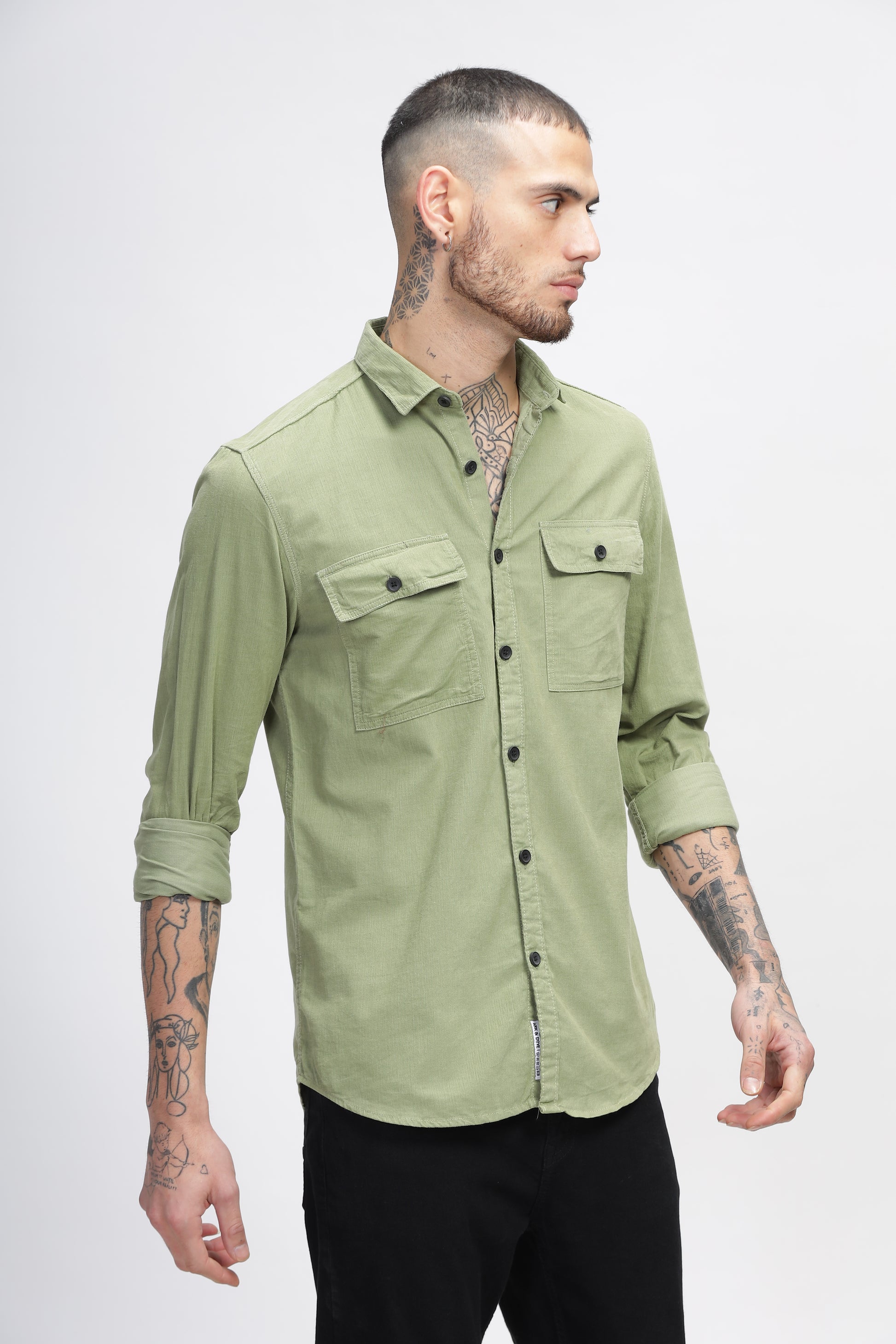 Green Cotton Corduroy Mens Double Pocket Cotton Shirts