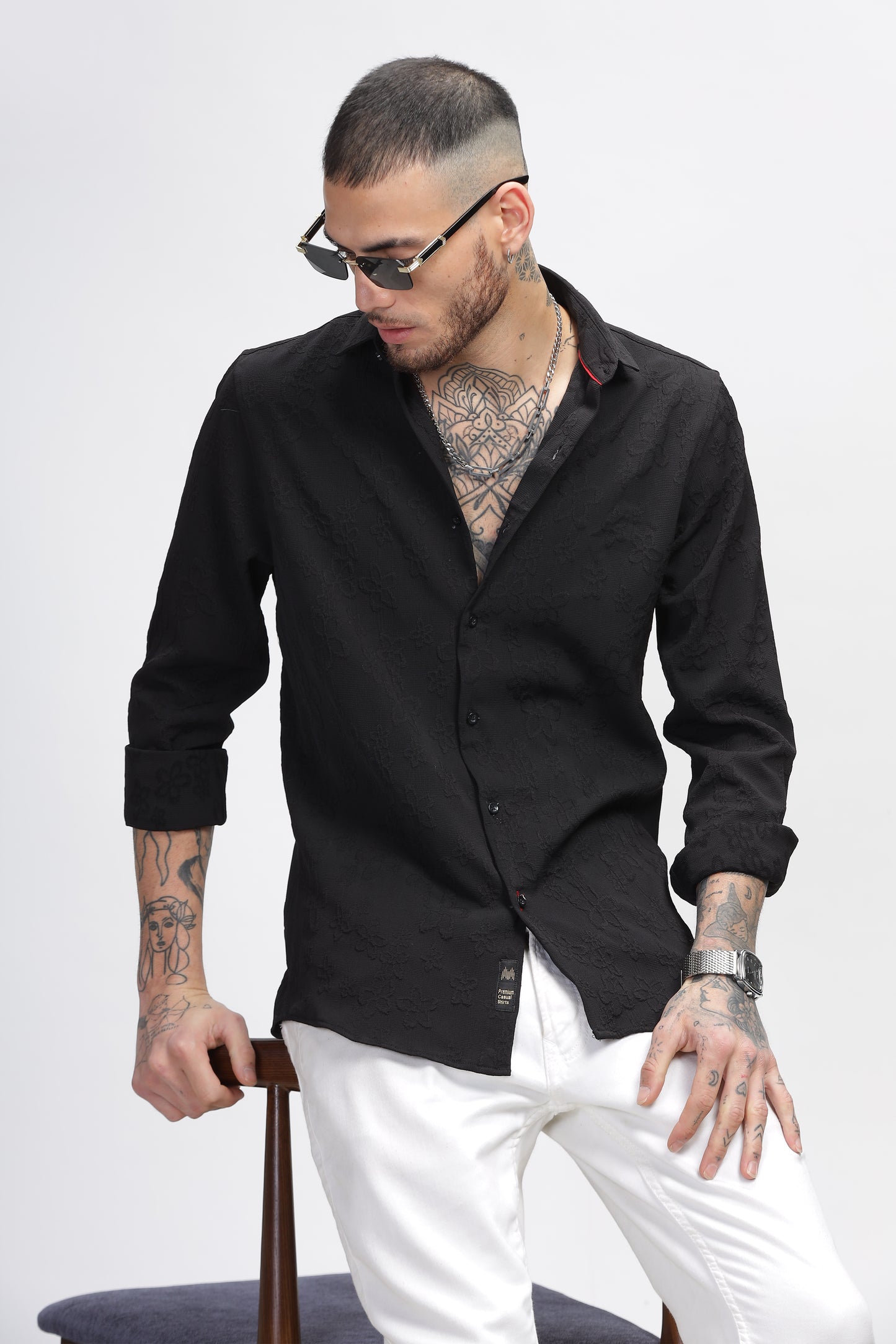 Vibrant Vesture Self Black Textured Shirt for Men