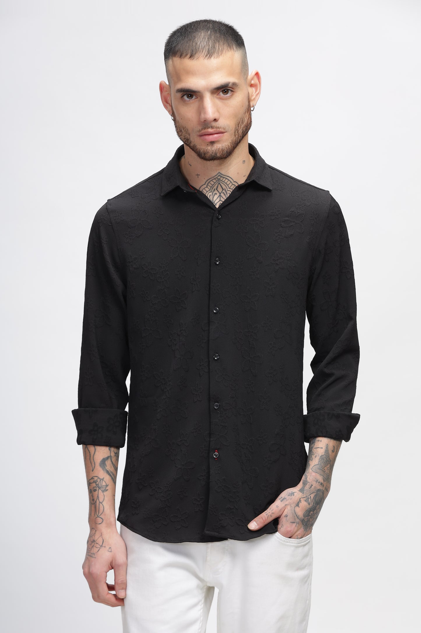 Vibrant Vesture Self Black Textured Shirt for Men