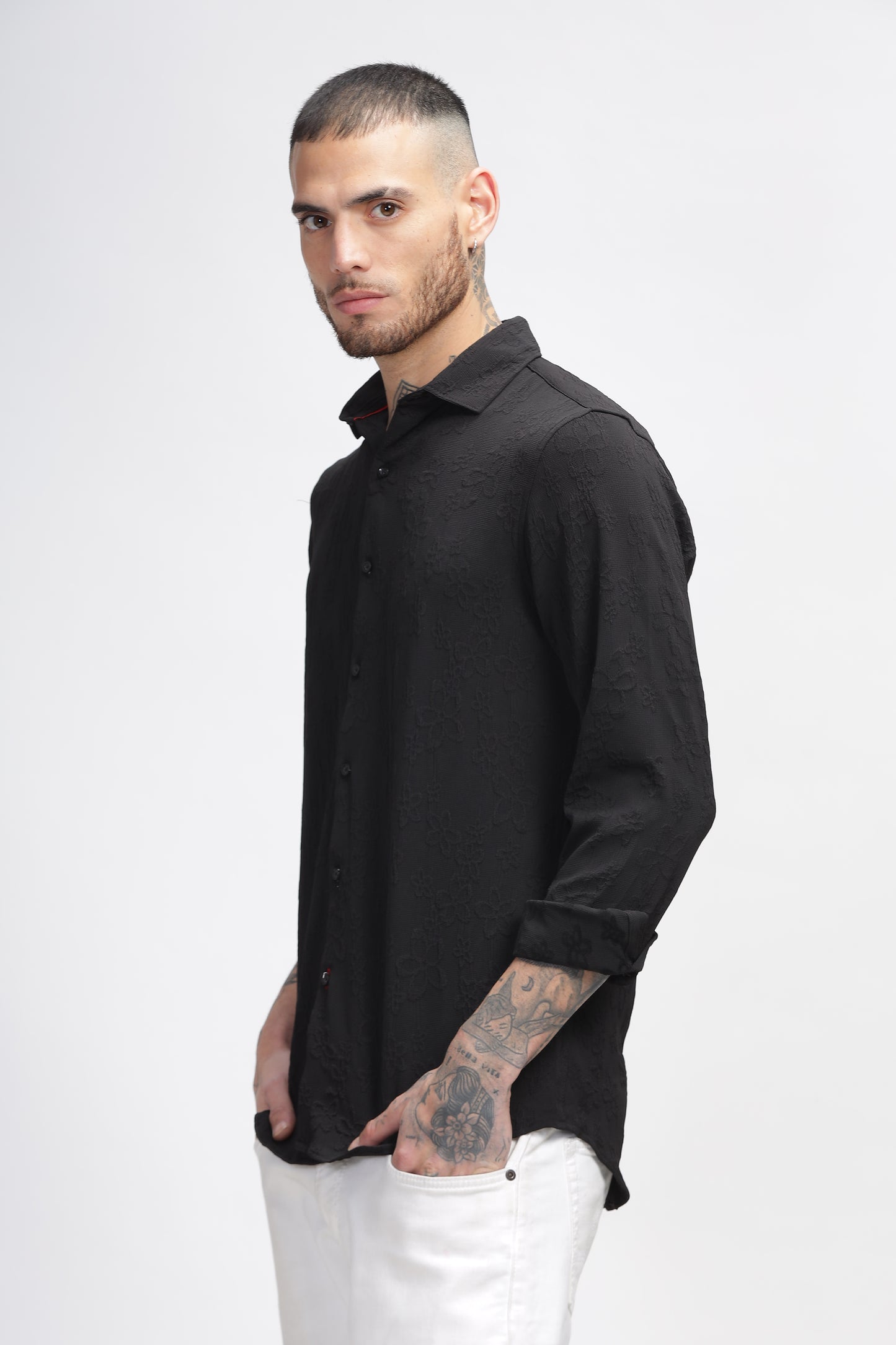 Vibrant Vesture Self Black Textured Shirt for Men