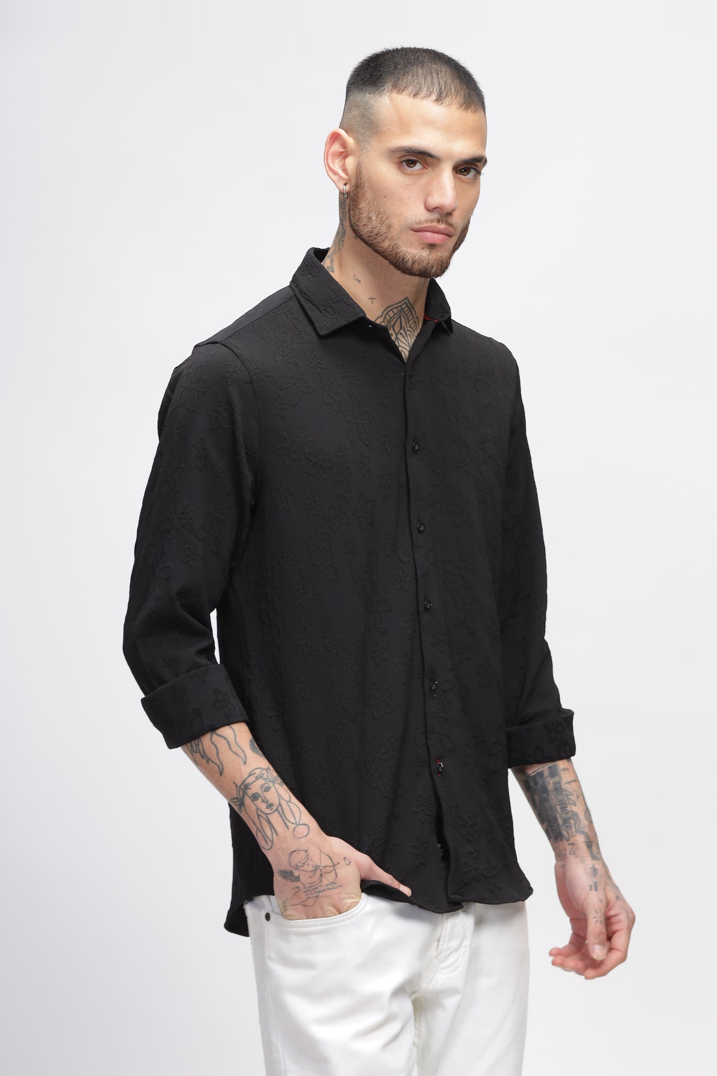 Vibrant Vesture Self Black Textured Shirt for Men