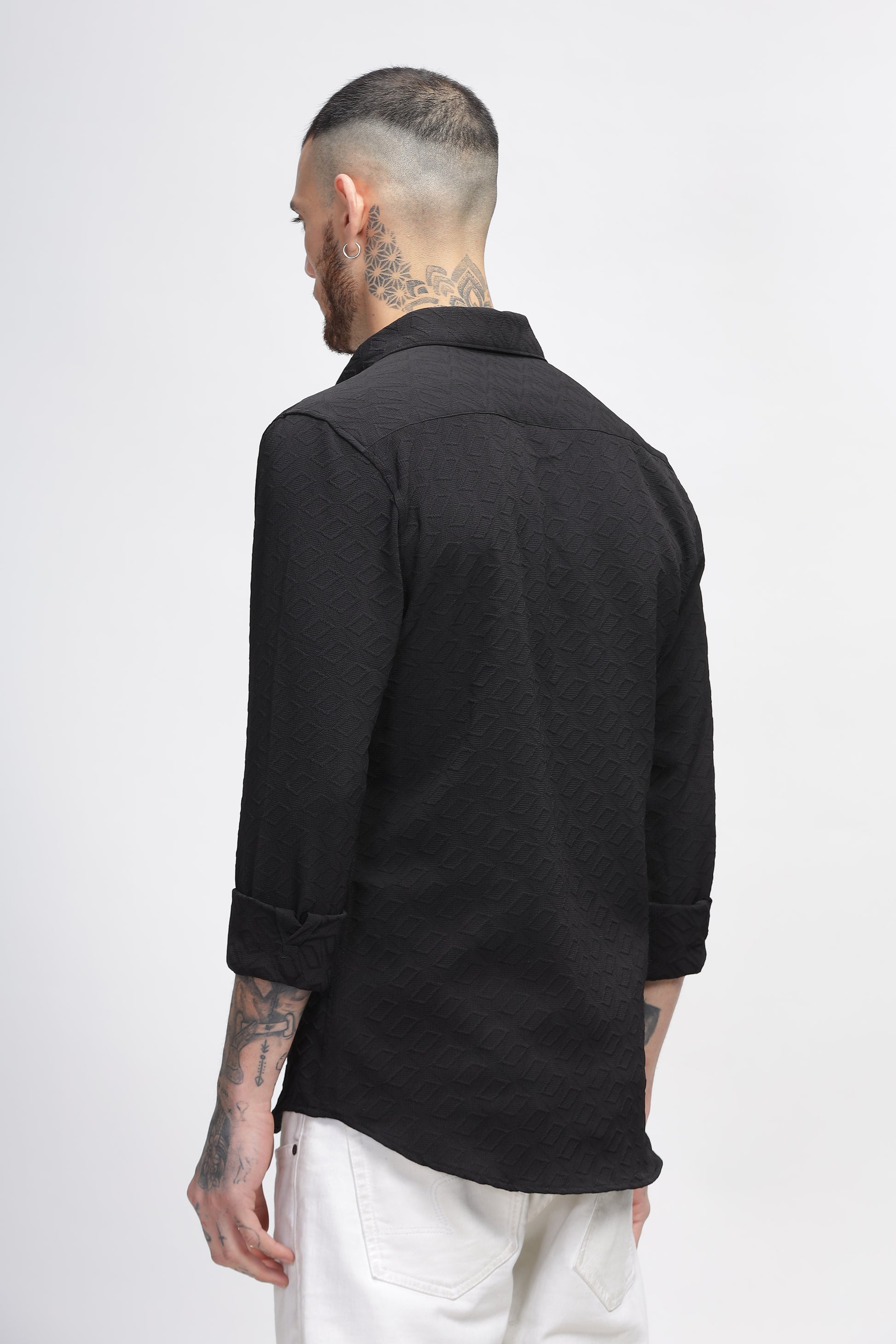  Noir Ripple Self Black Textured Shirt for Men