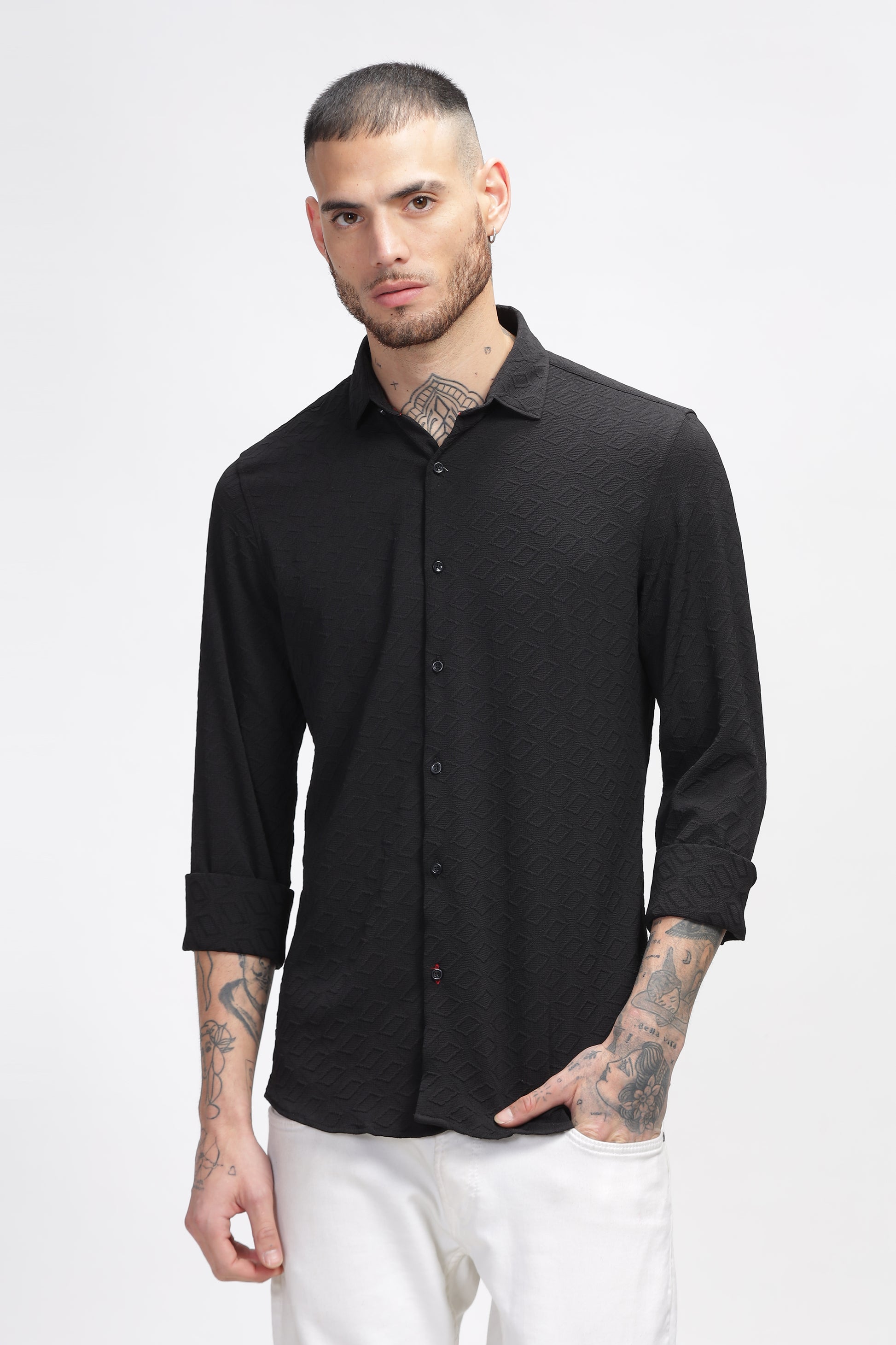  Noir Ripple Self Black Textured Shirt for Men