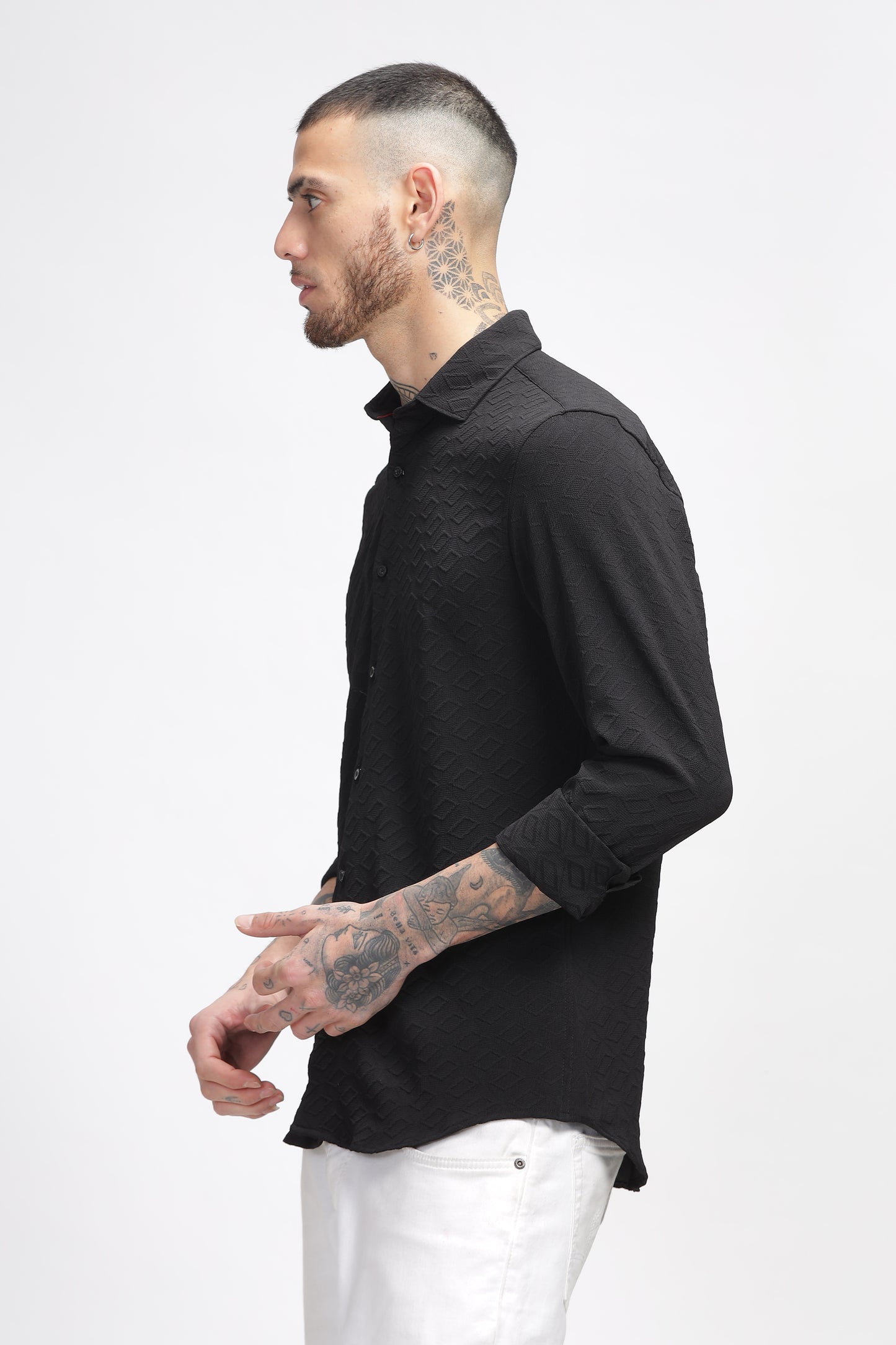  Noir Ripple Self Black Textured Shirt for Men