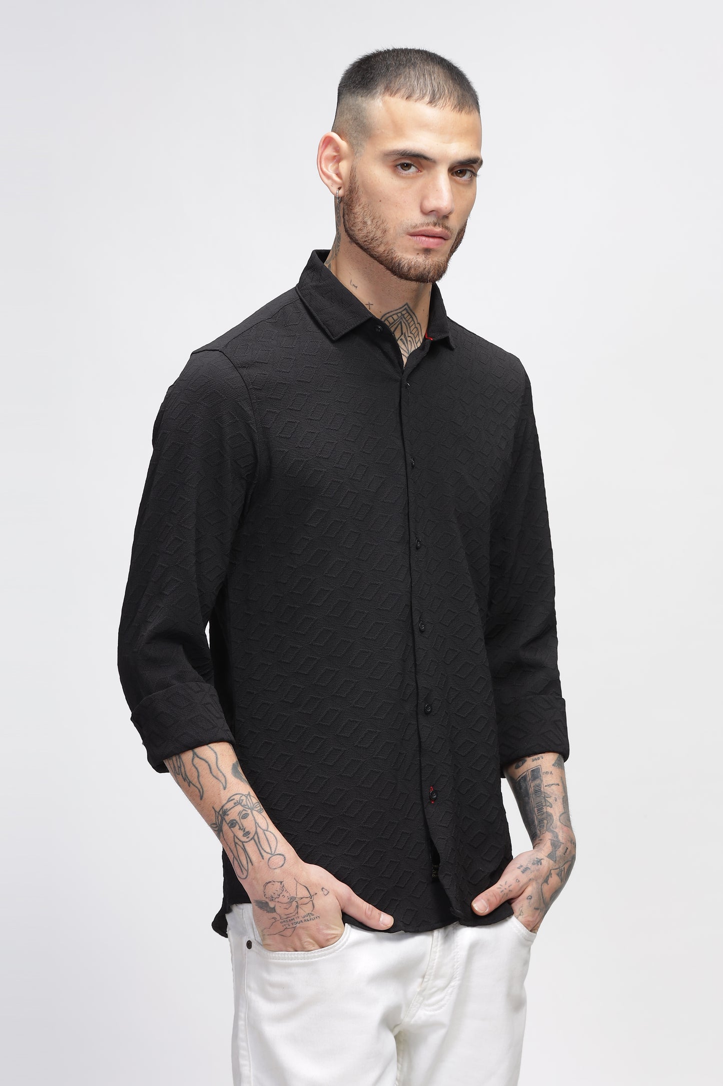  Noir Ripple Self Black Textured Shirt for Men