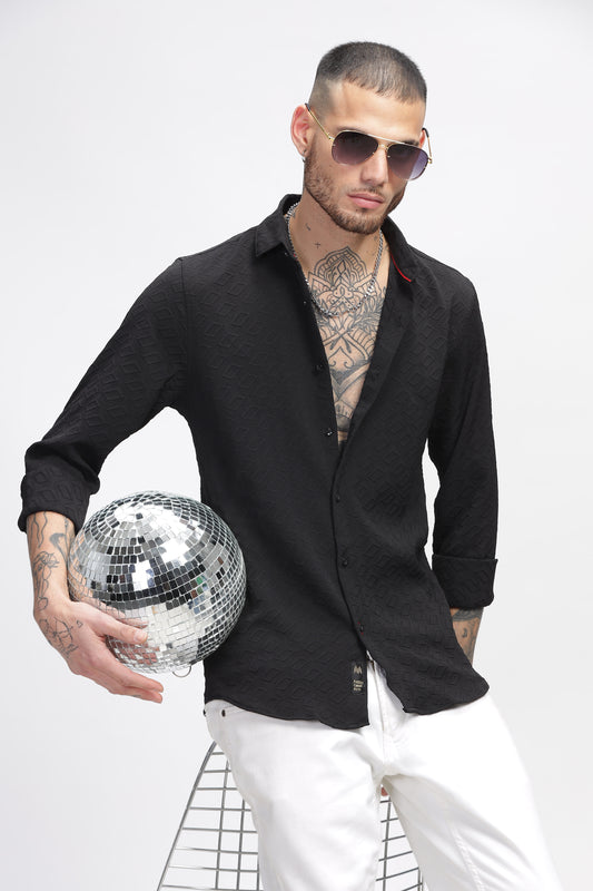  Noir Ripple Self Black Textured Shirt for Men