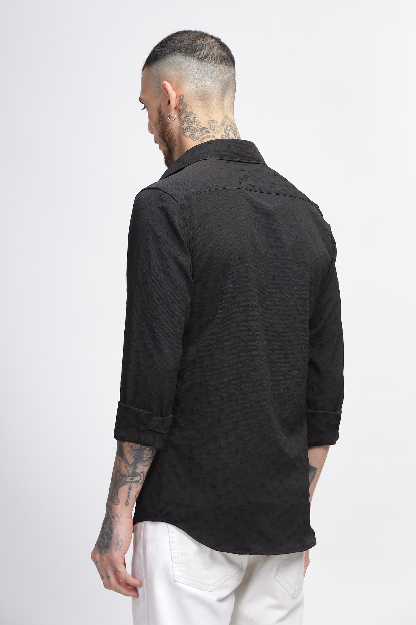 Leafage Self Black Textured Shirt for Men