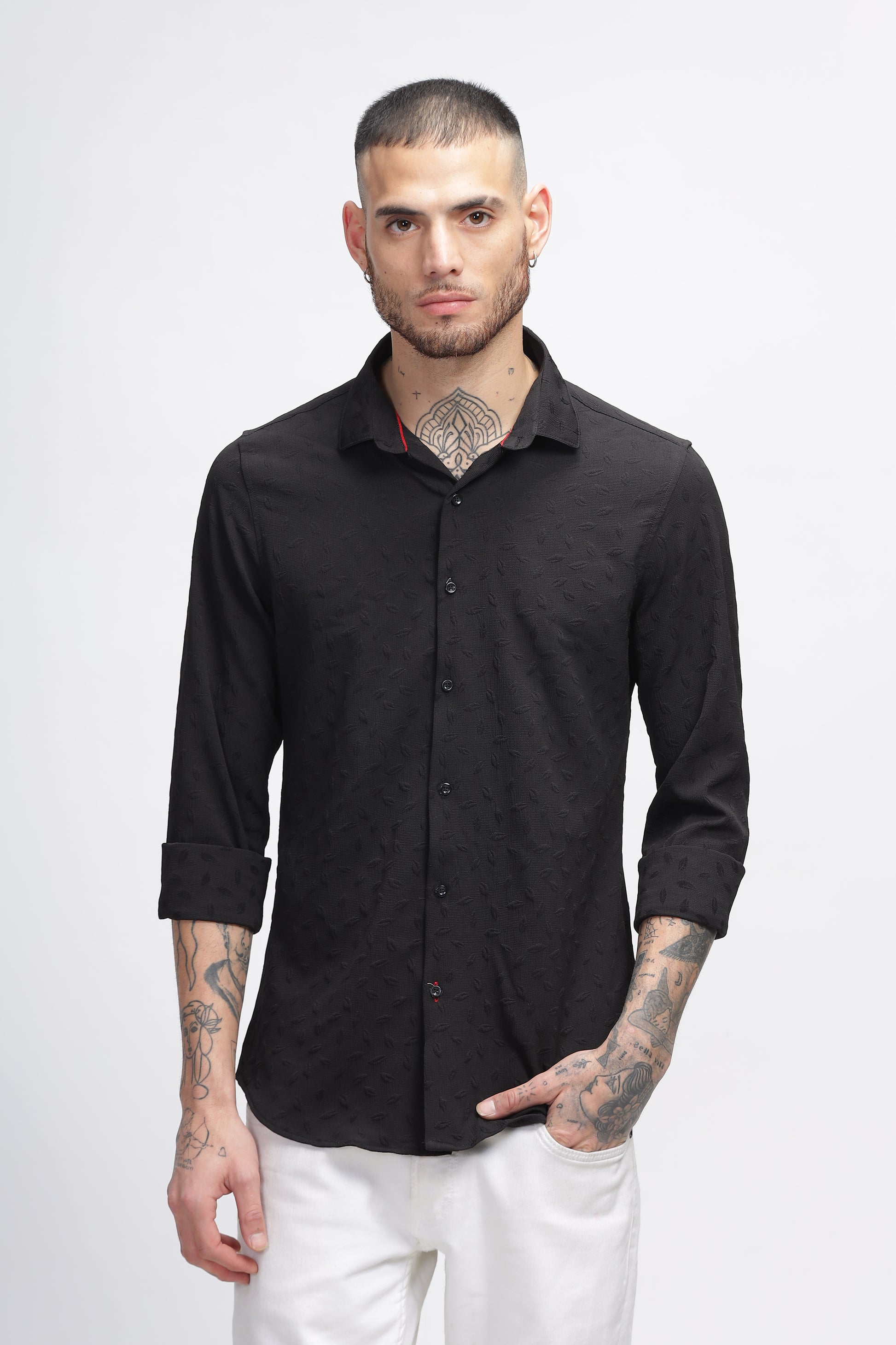 Leafage Self Black Textured Shirt for Men