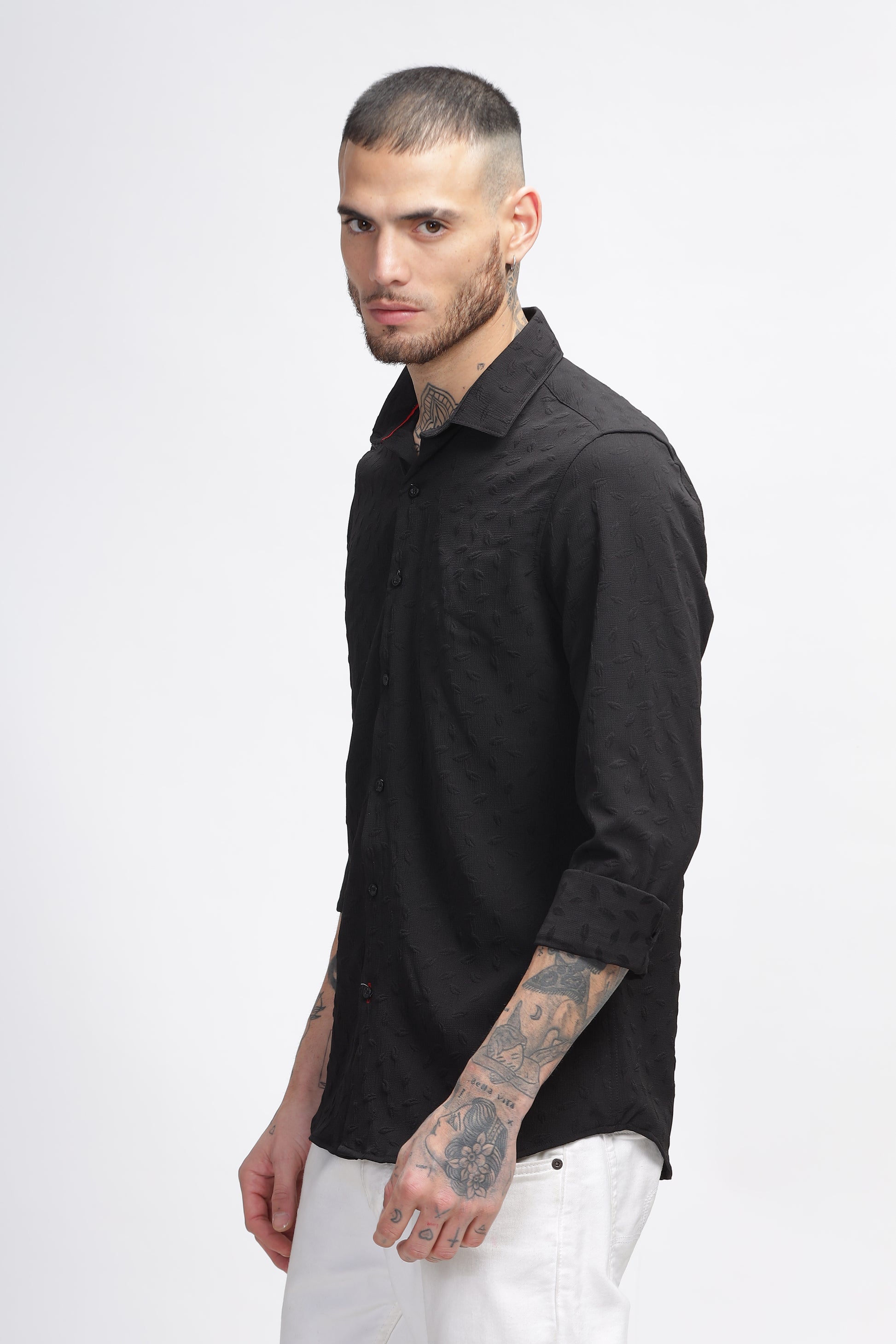 Leafage Self Black Textured Shirt for Men