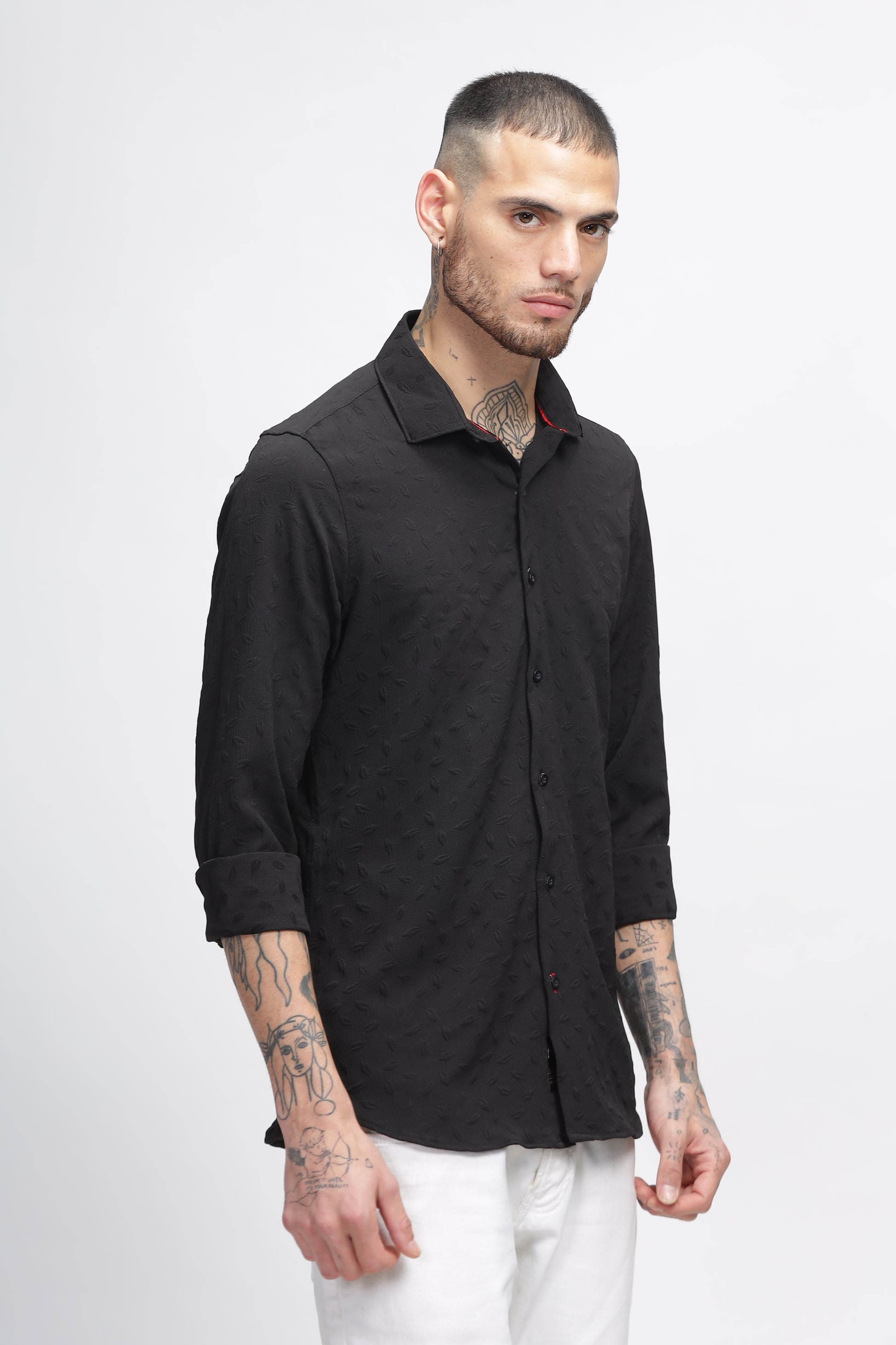 Leafage Self Black Textured Shirt for Men