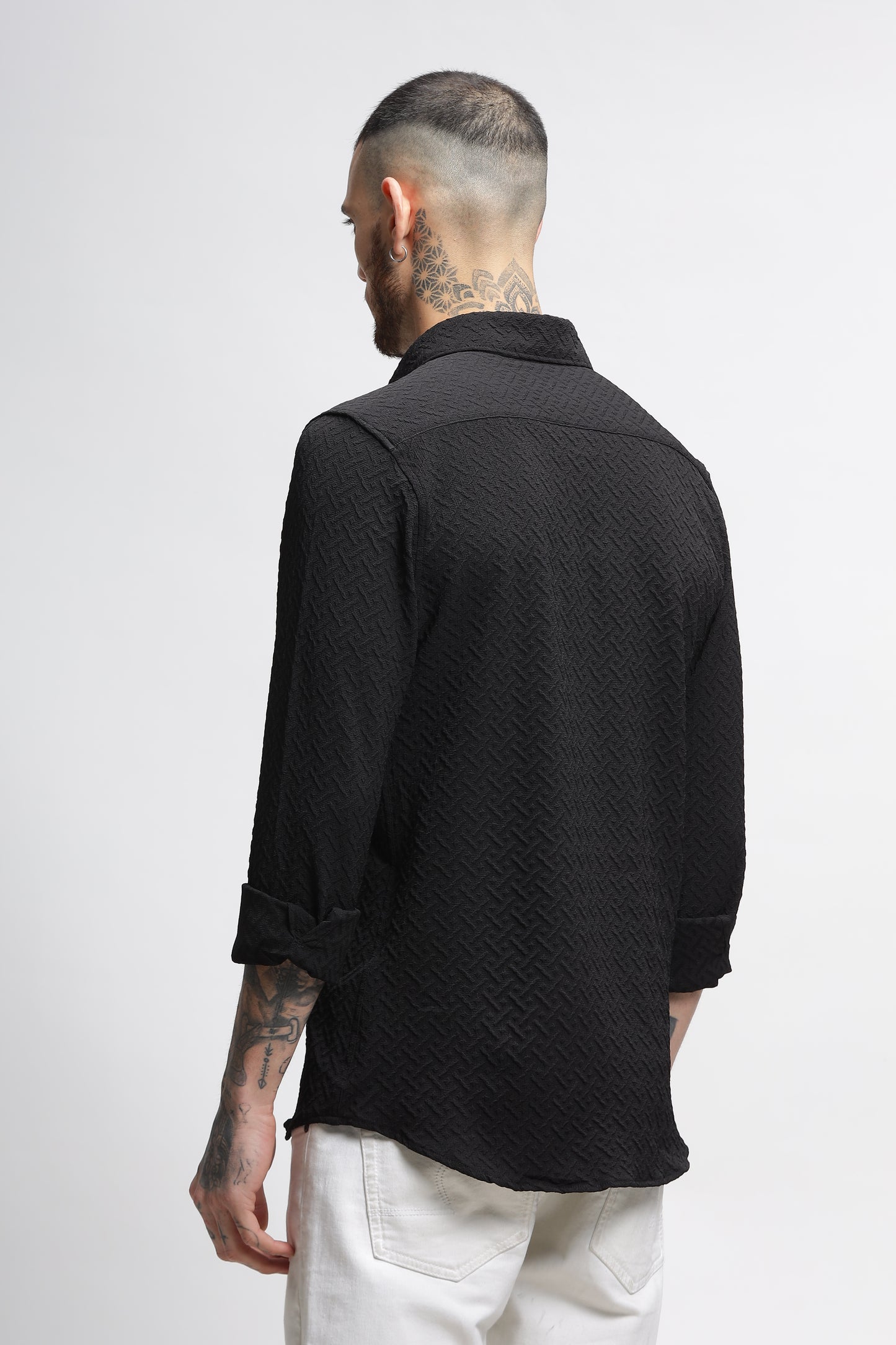 Shadowed Mesh Self Black Textured Shirt for Men