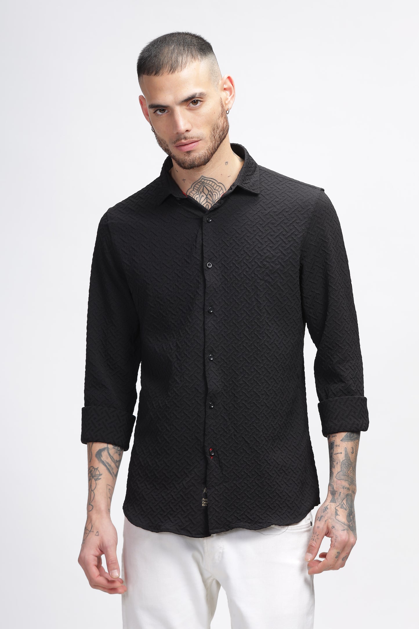 Shadowed Mesh Self Black Textured Shirt for Men