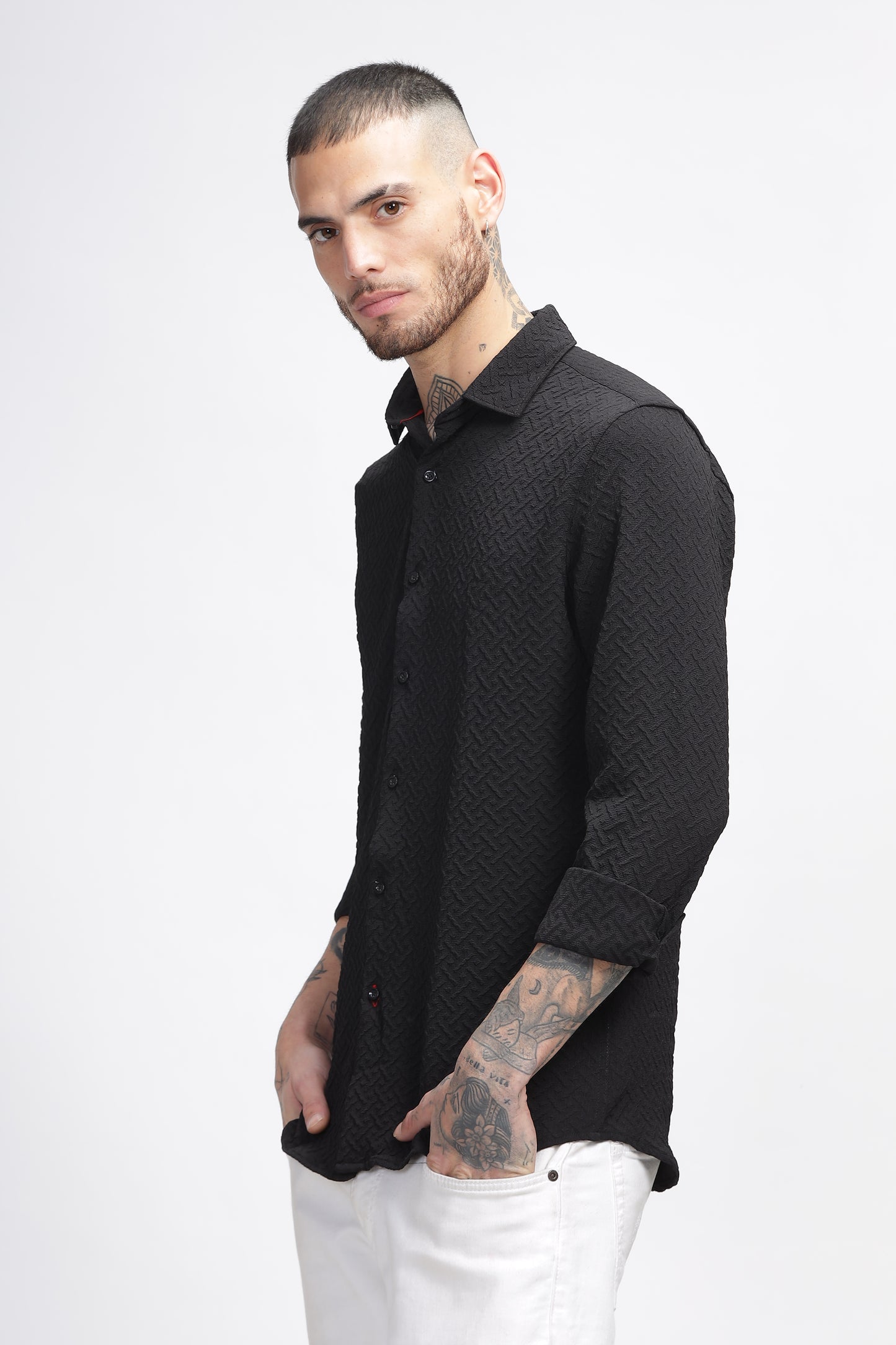 Shadowed Mesh Self Black Textured Shirt for Men