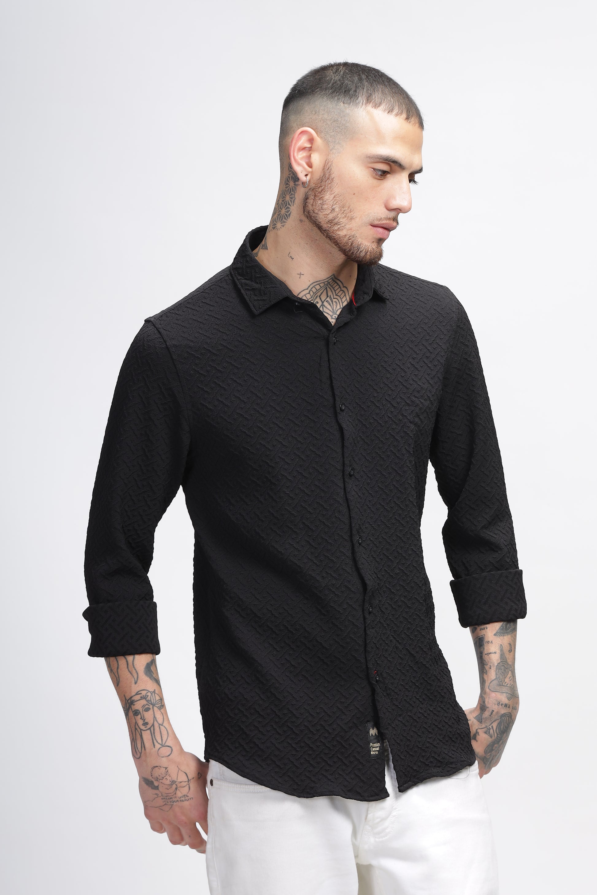 Shadowed Mesh Self Black Textured Shirt for Men