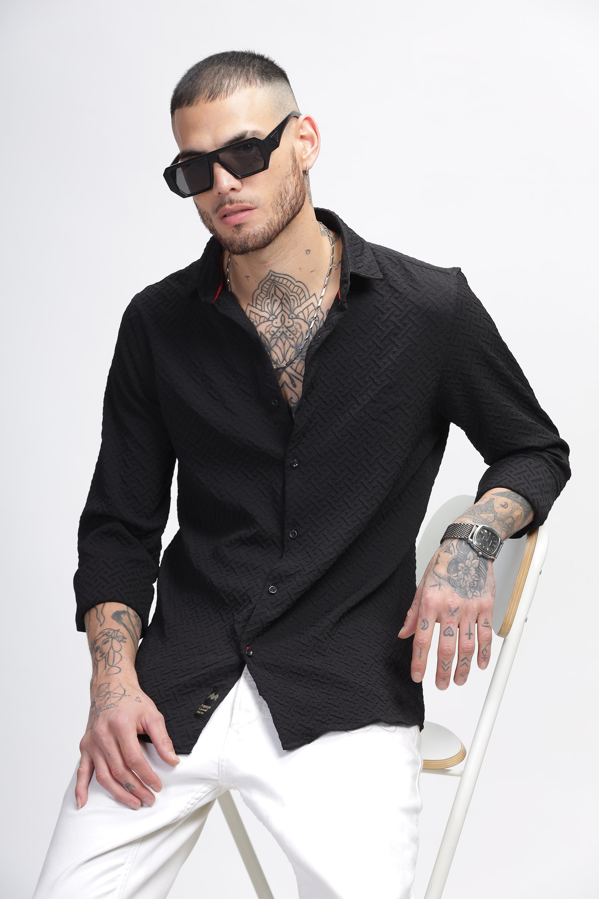 Shadowed Mesh Self Black Textured Shirt for Men