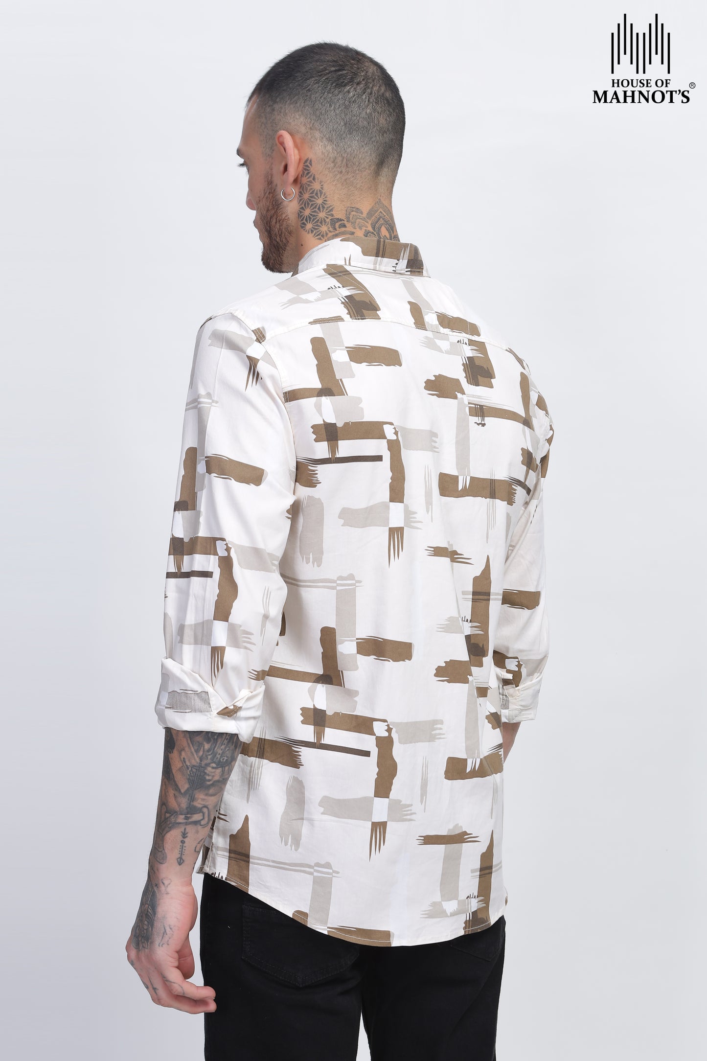 White and Tan Tech Twill Lycra Mens Casual Printed Shirts