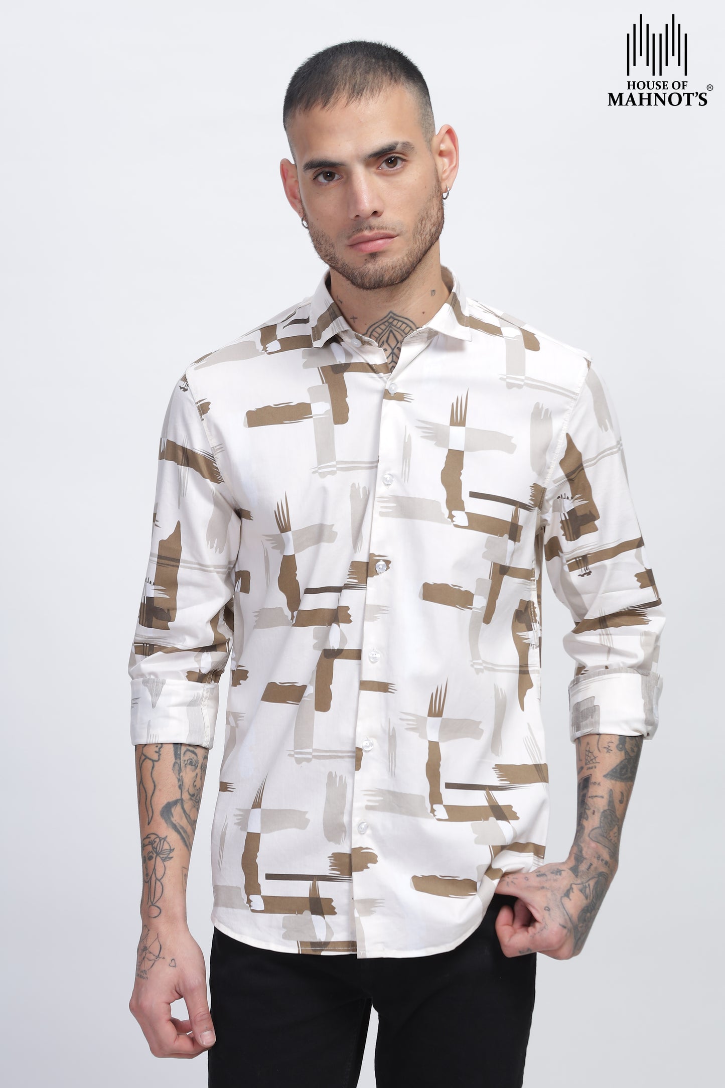 White and Tan Tech Twill Lycra Mens Casual Printed Shirts