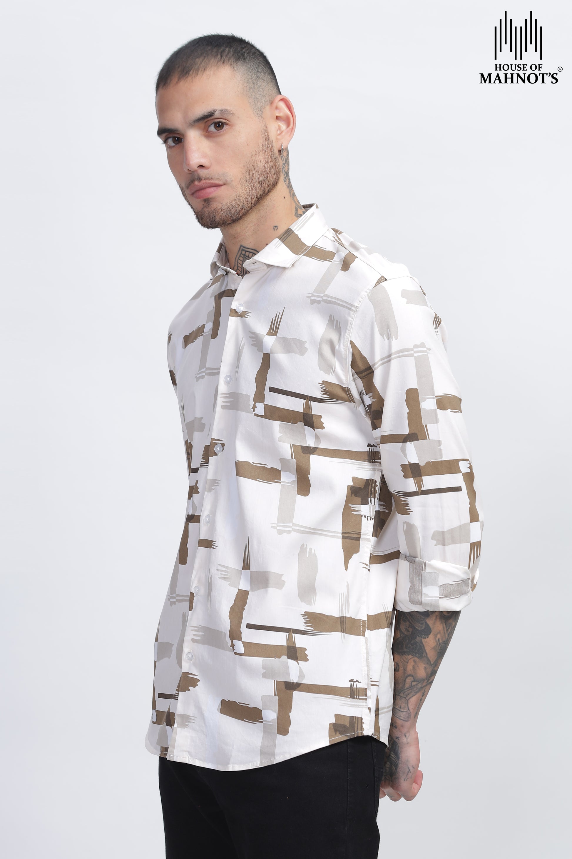 White and Tan Tech Twill Lycra Mens Casual Printed Shirts