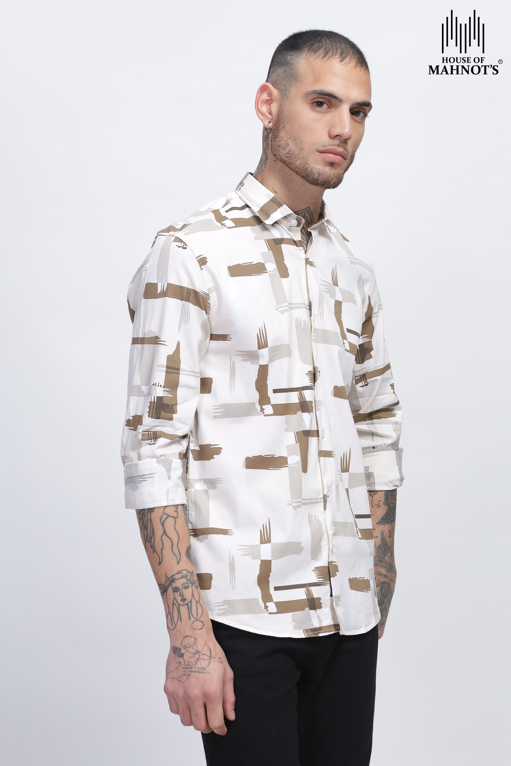 White and Tan Tech Twill Lycra Mens Casual Printed Shirts