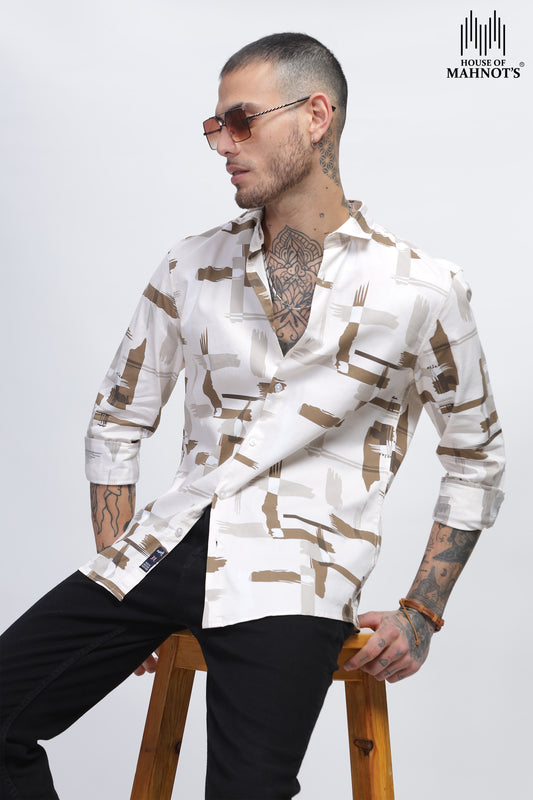 White and Tan Tech Twill Lycra Mens Casual Printed Shirts