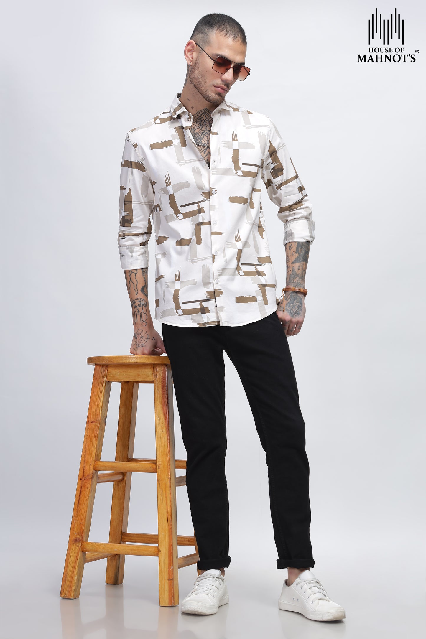 White and Tan Tech Twill Lycra Mens Casual Printed Shirts