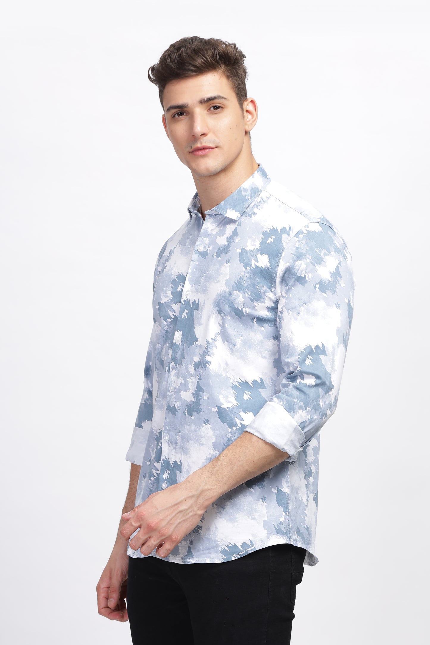 White and Blue Pixel Pop Lycra Printed Pattern Shirts