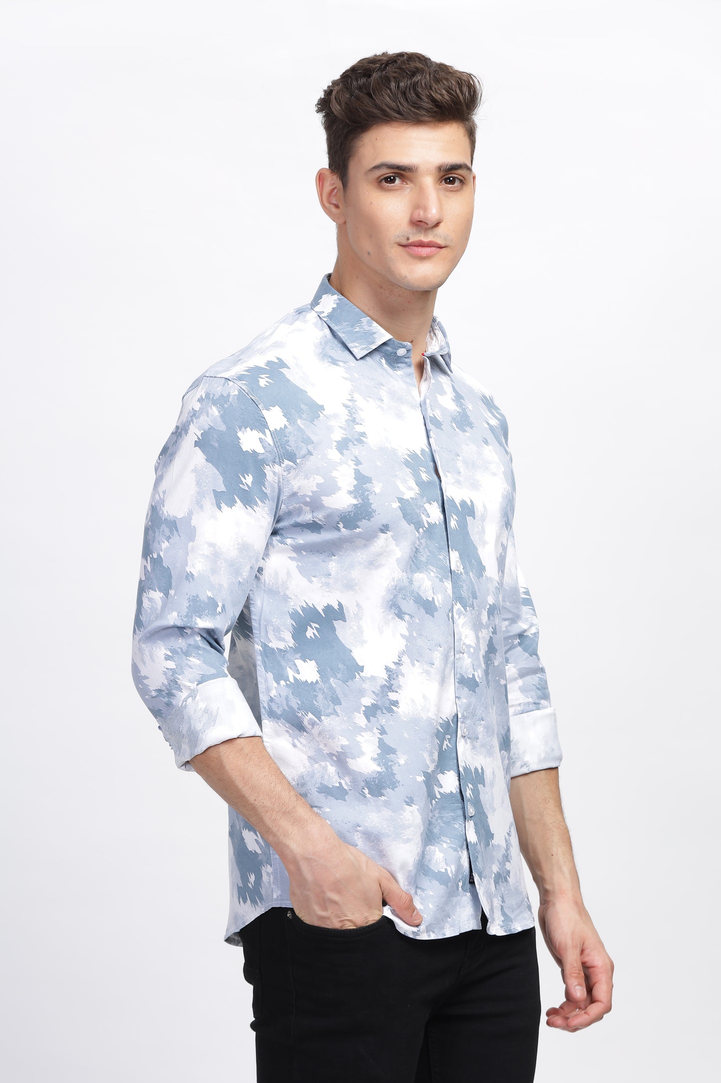 White and Blue Pixel Pop Lycra Printed Pattern Shirts