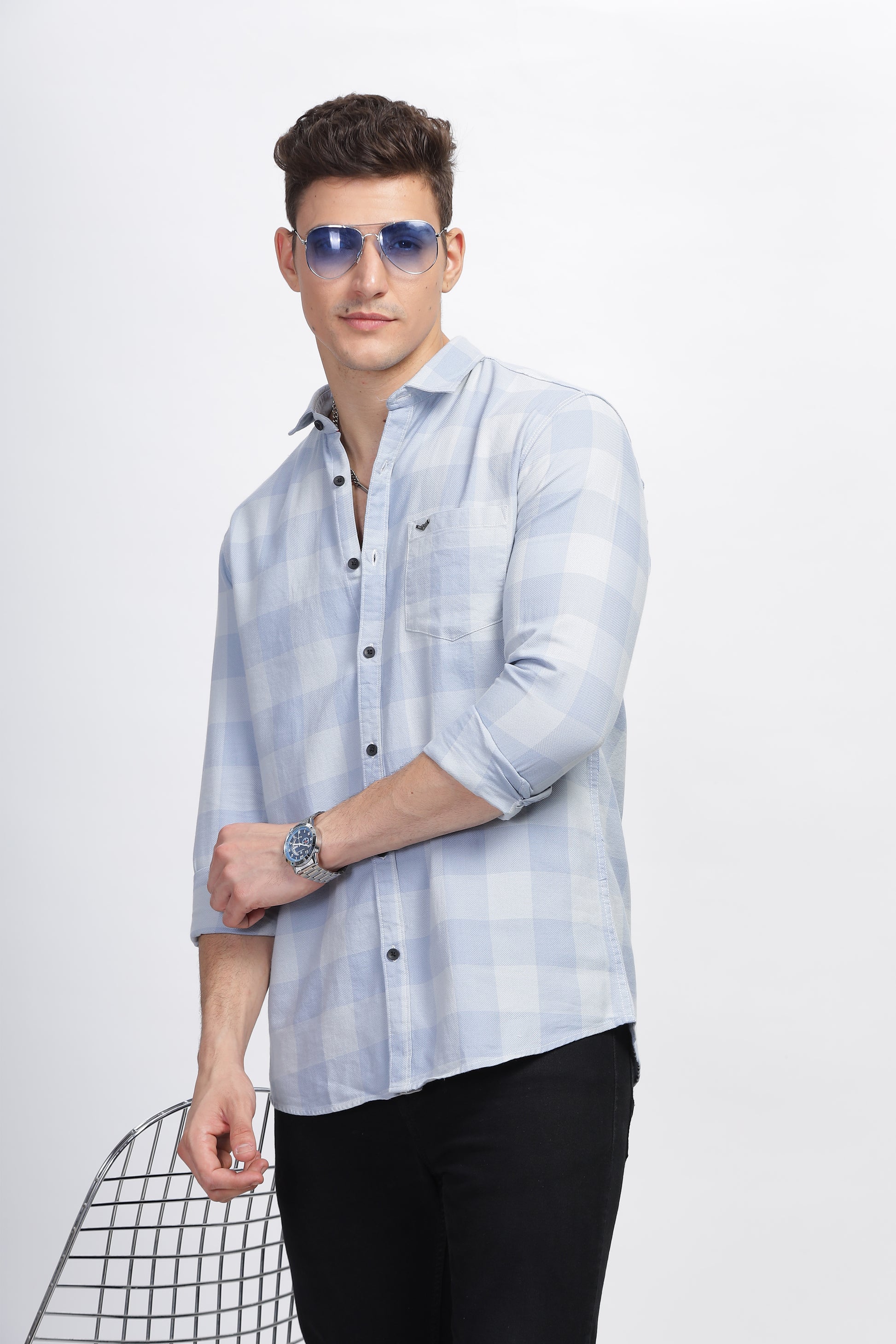 Blue Deluxe Summer Plaid Cotton Check Shirt for Men