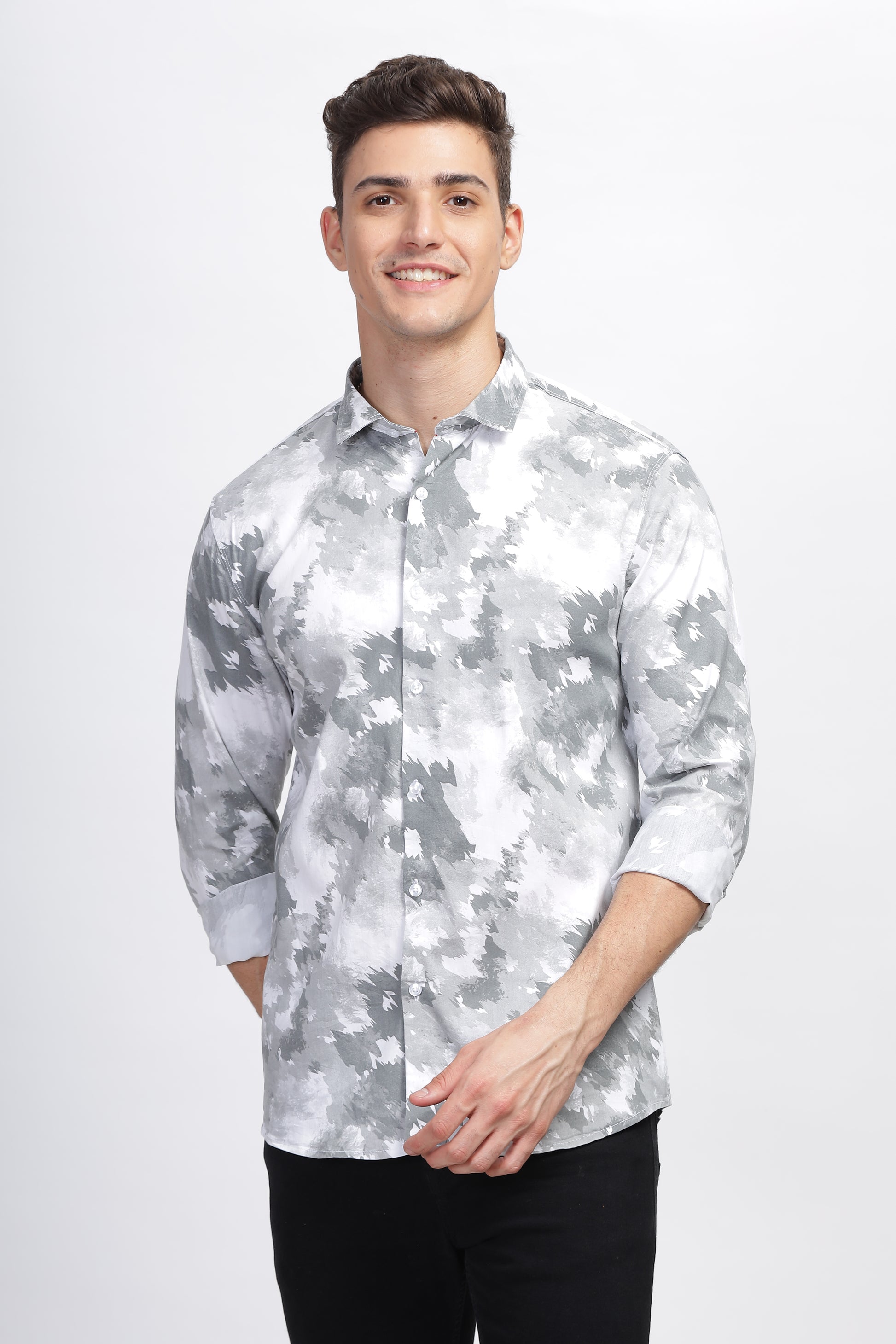 White and Grey Techno Mens Patterned Shirts 