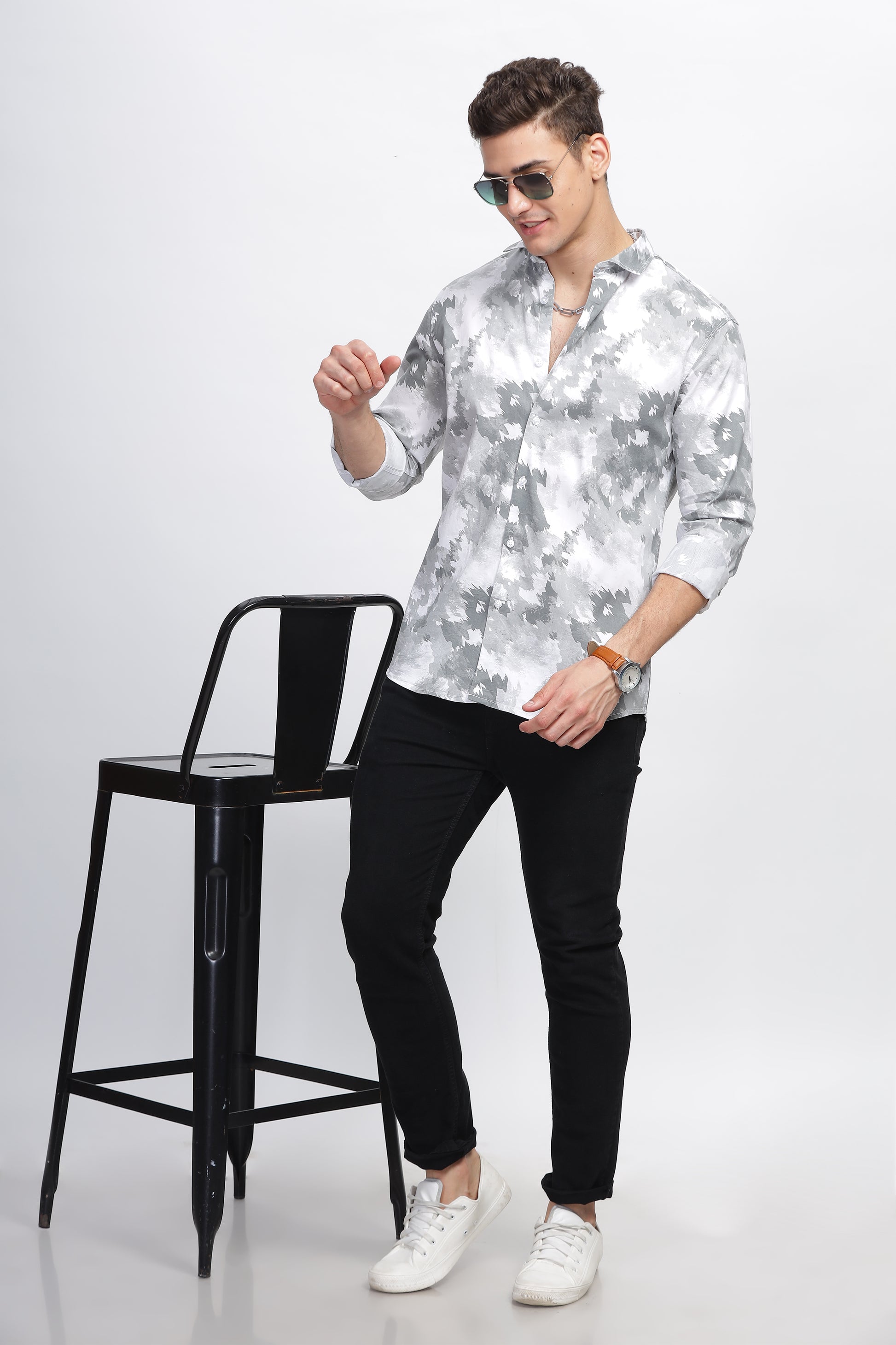 White and Grey Techno Mens Patterned Shirts 