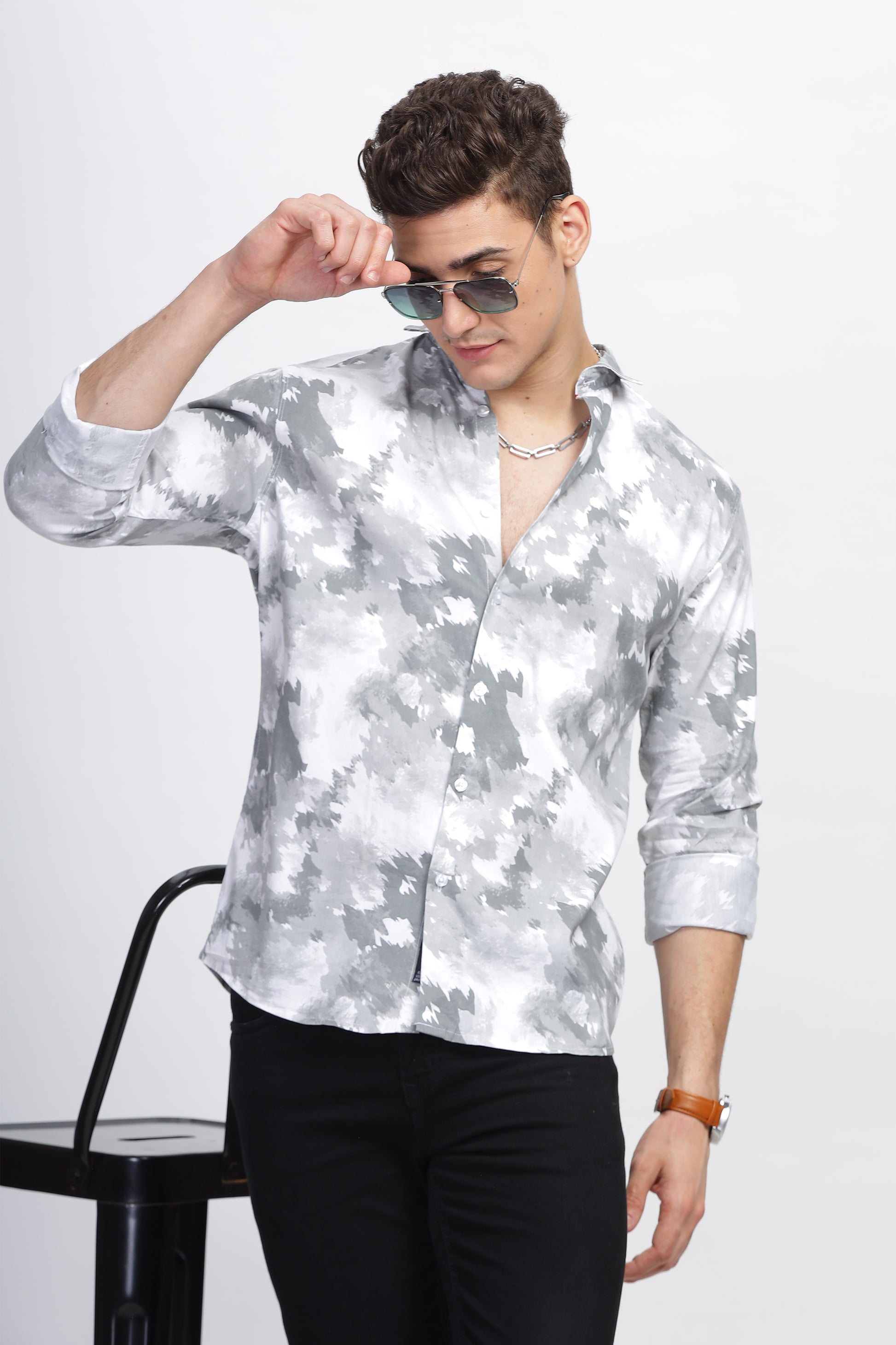 White and Grey Techno Mens Patterned Shirts 