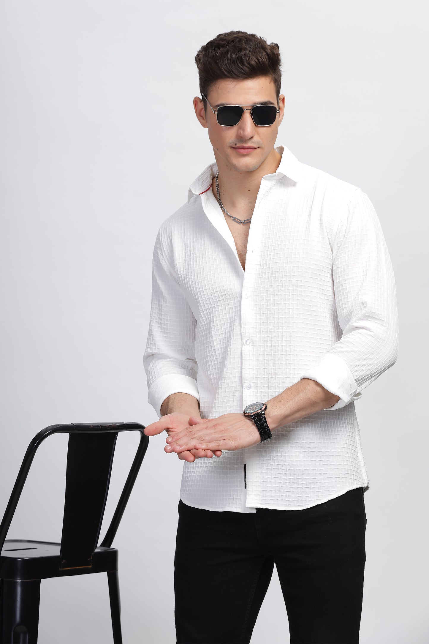 White Frosty Embossed Self Textured Shirt Mens