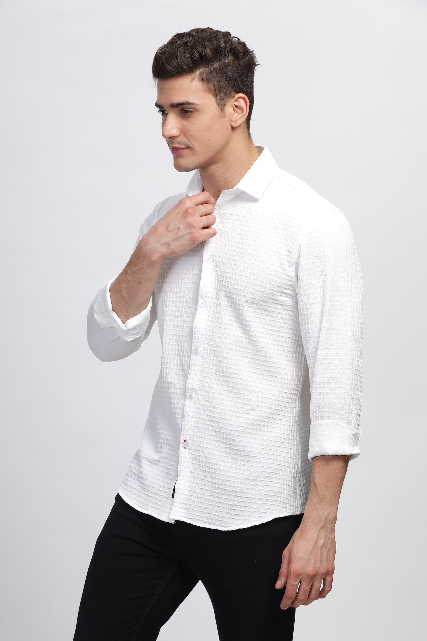 White Frosty Embossed Self Textured Shirt Mens