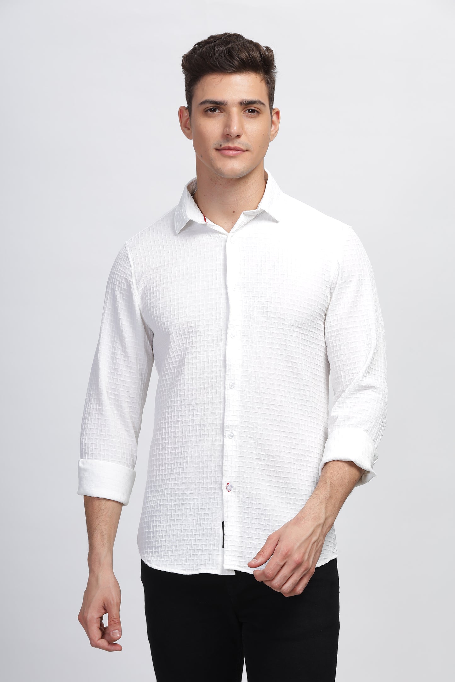 White Frosty Embossed Self Textured Shirt Mens