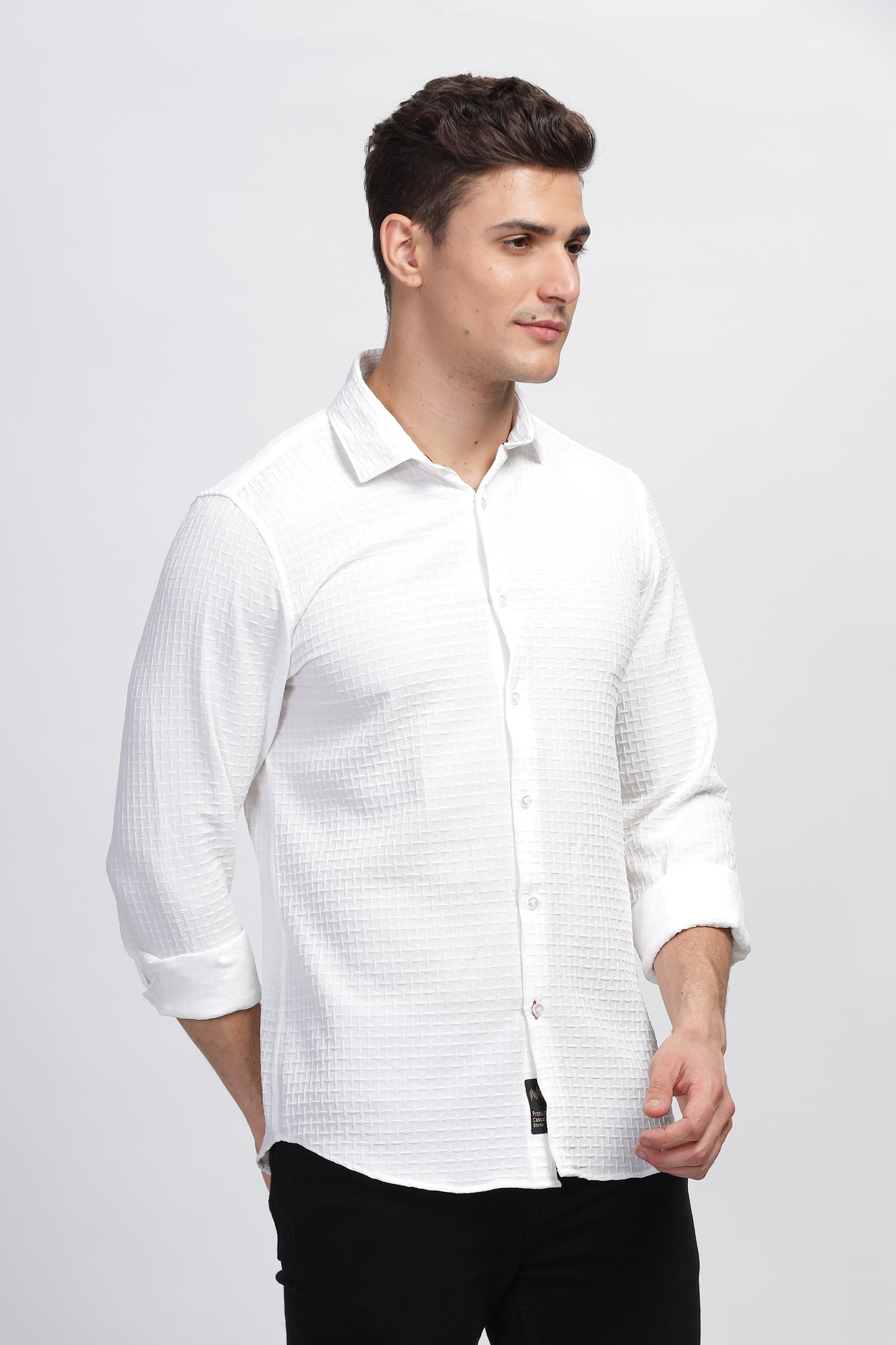 White Frosty Embossed Self Textured Shirt Mens