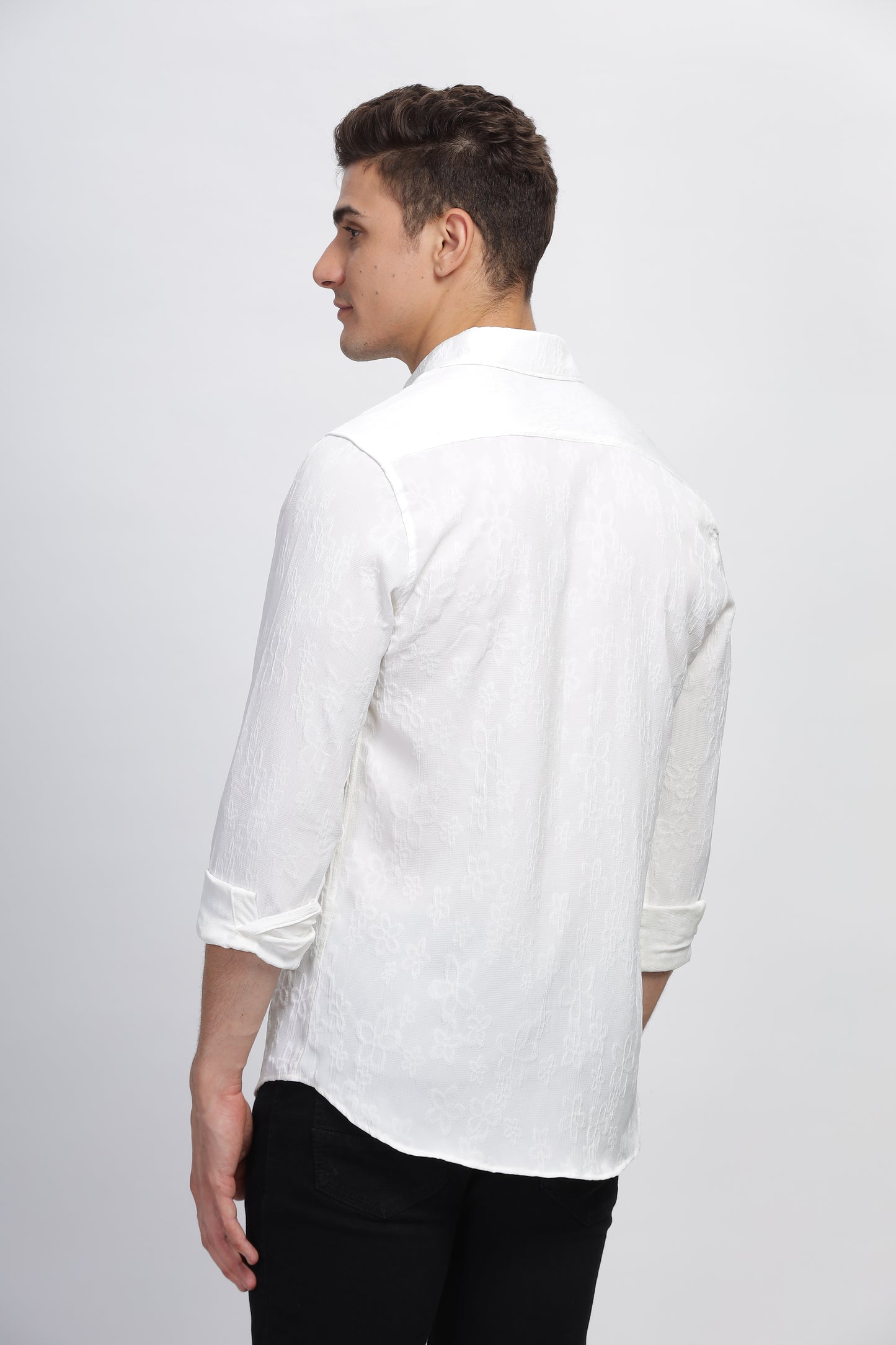 White Pearlized Self Textured Casual Shirt for Men