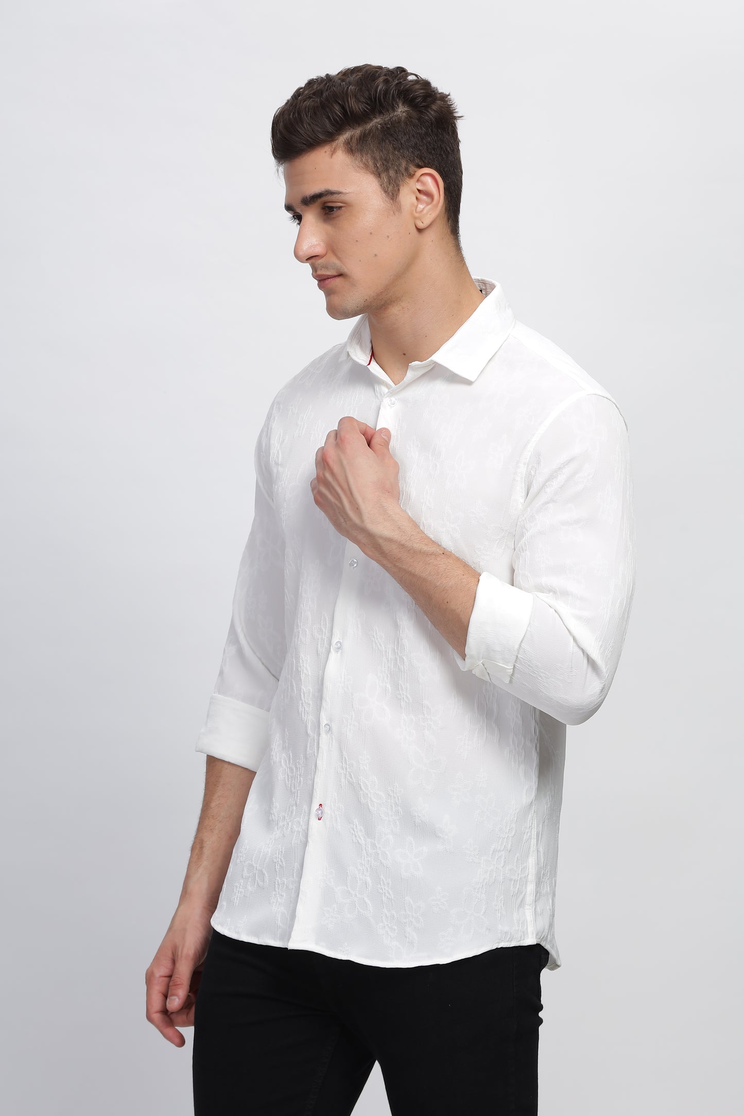 White Pearlized Self Textured Casual Shirt for Men