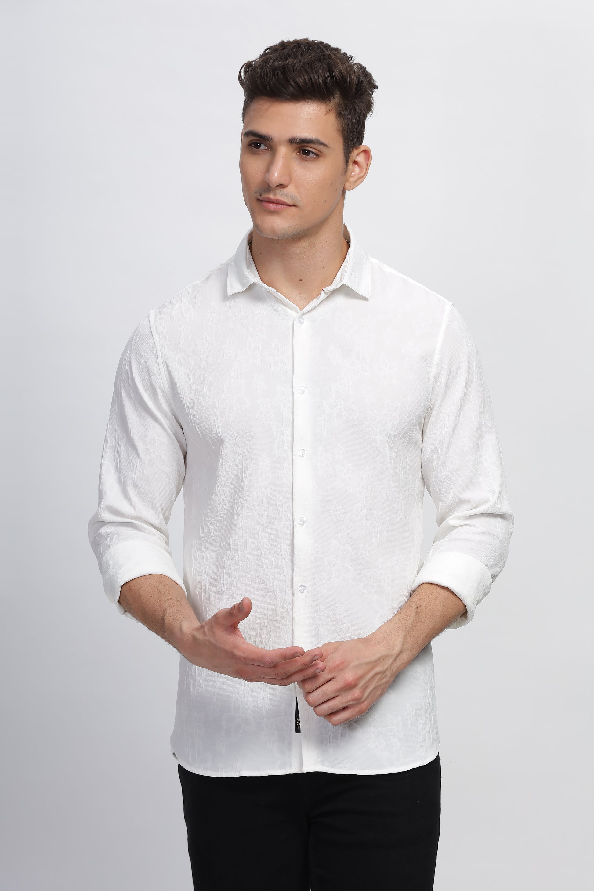 White Pearlized Self Textured Casual Shirt for Men