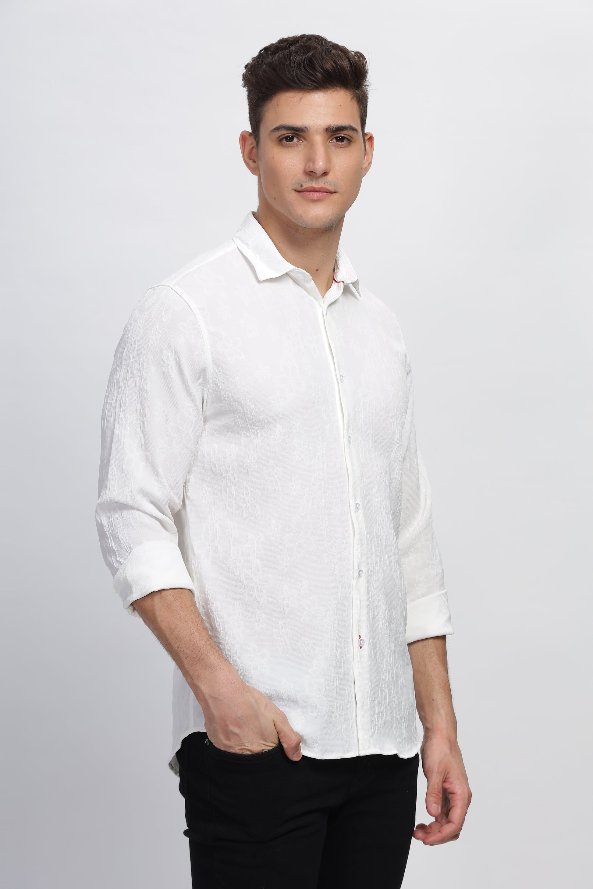 White Pearlized Self Textured Casual Shirt for Men