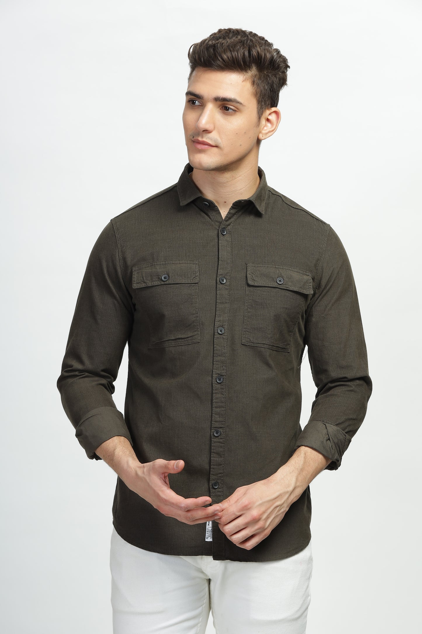 Mossy Olive Premium Cotton Corduroy Dual Pocket Shirt