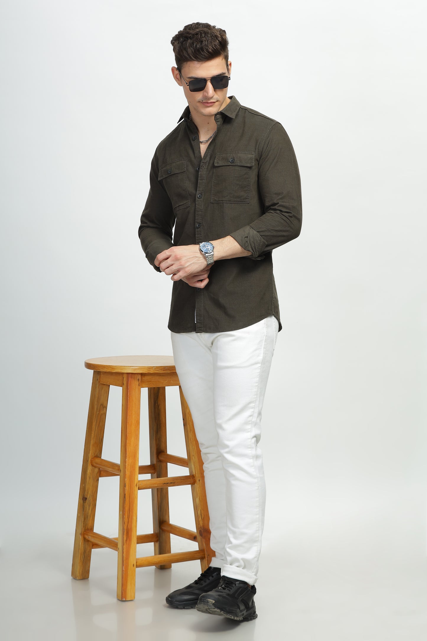 Mossy Olive Premium Cotton Corduroy Dual Pocket Shirt