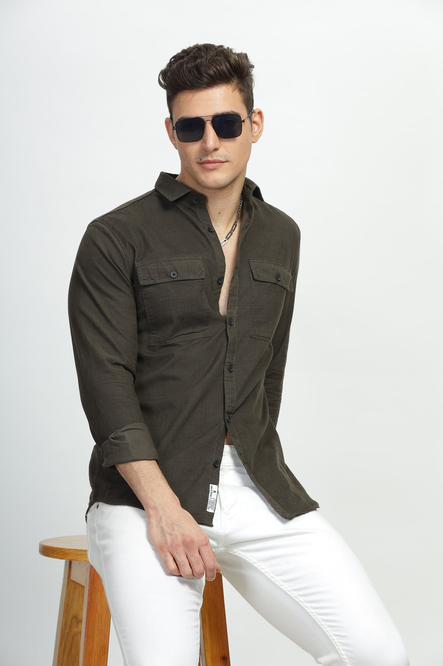 Mossy Olive Premium Cotton Corduroy Dual Pocket Shirt