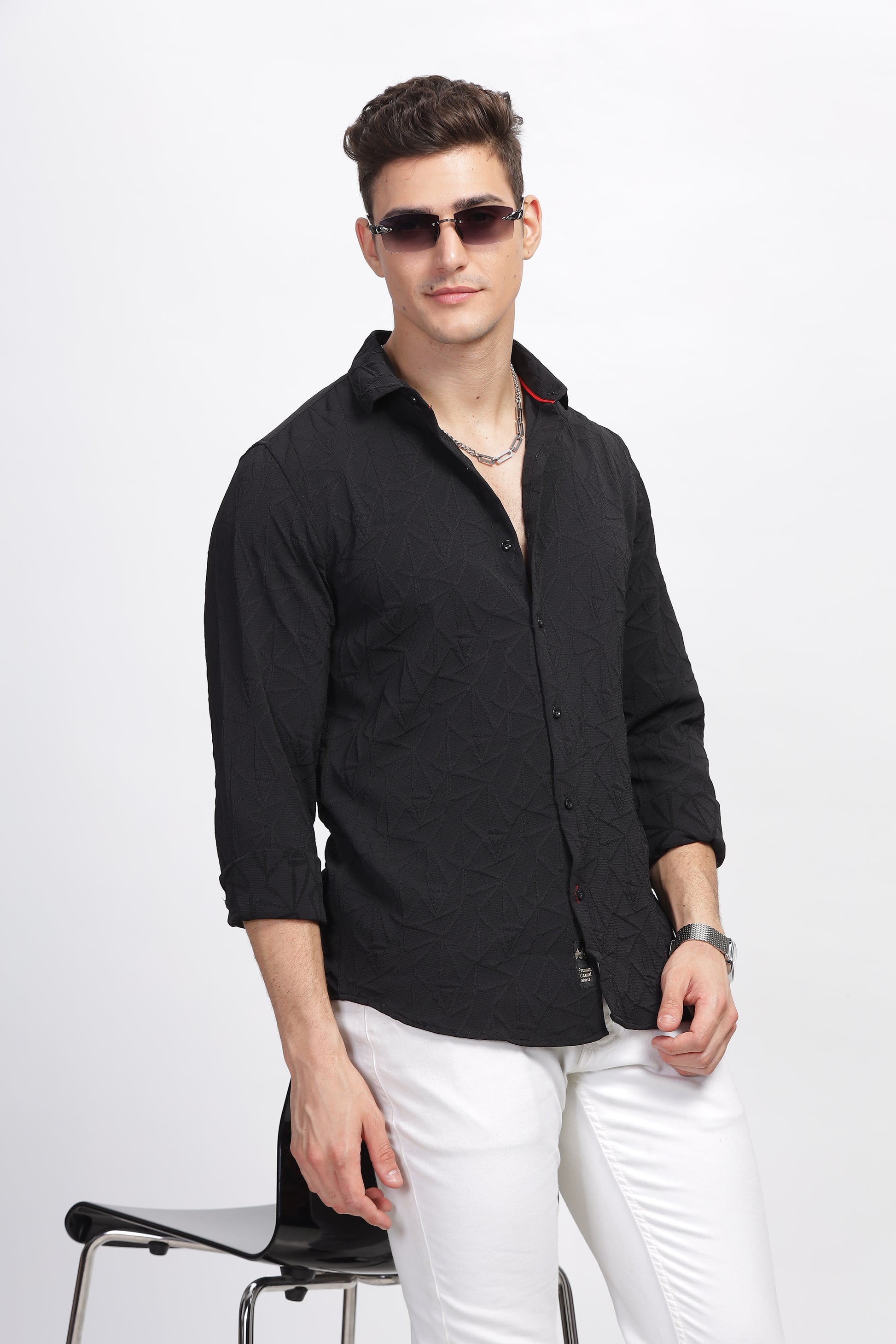  Onyx Self Black Textured Shirt for Men 