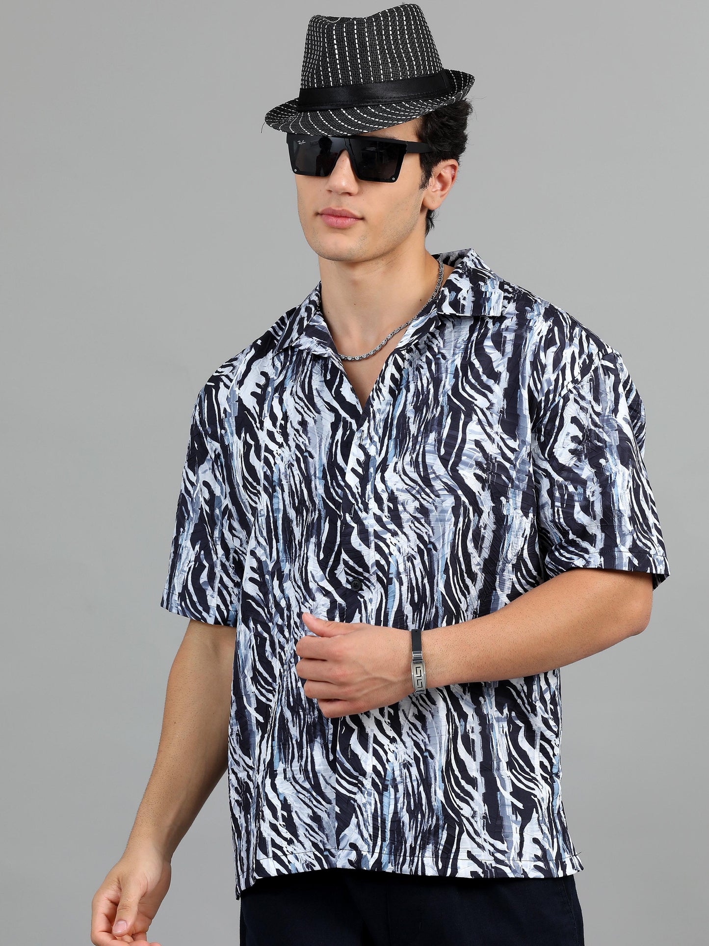 Navy blue white Oversized Fit Printed Shirt