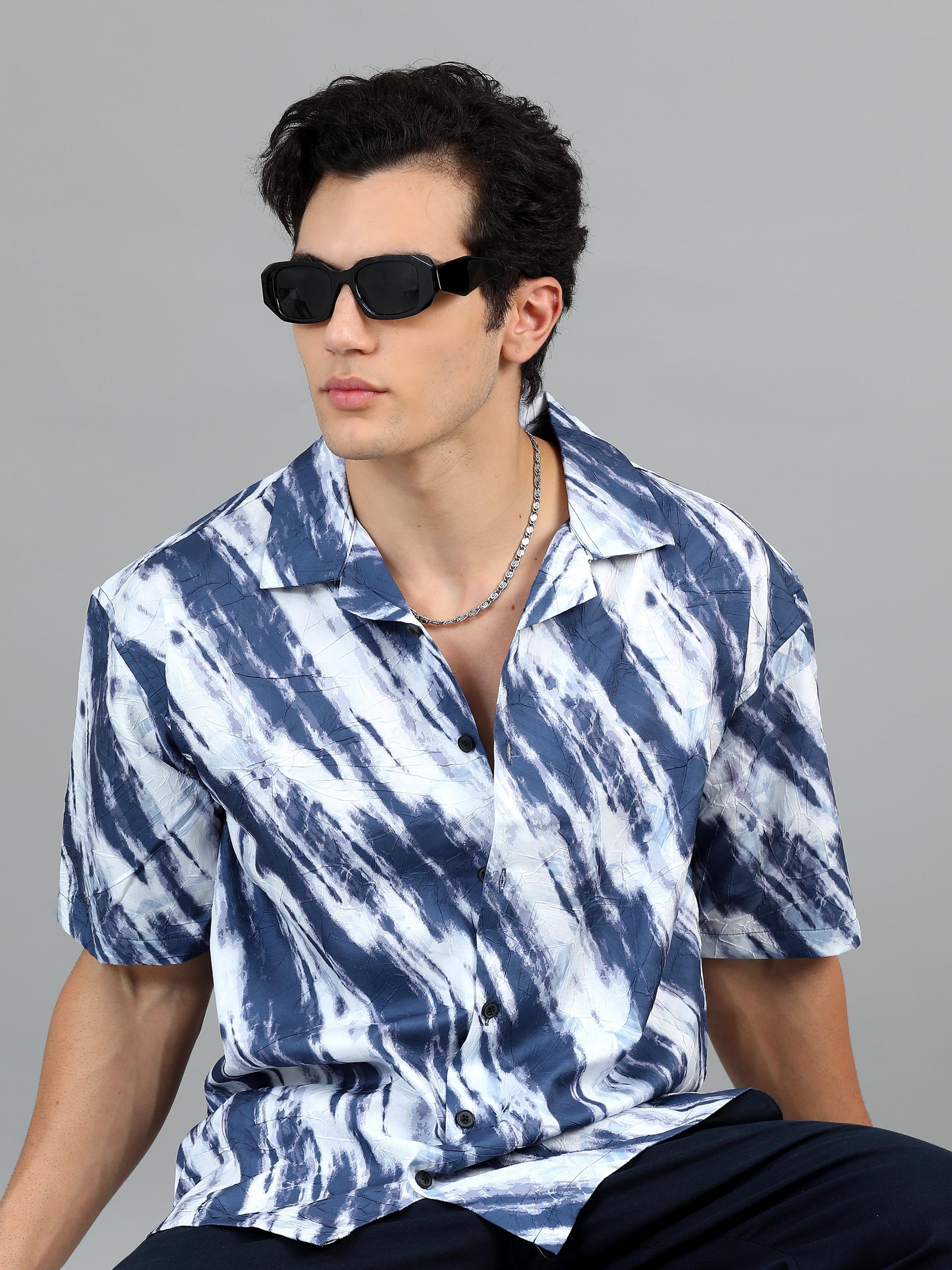 Dusky Blue & White Printed Shirt for Men