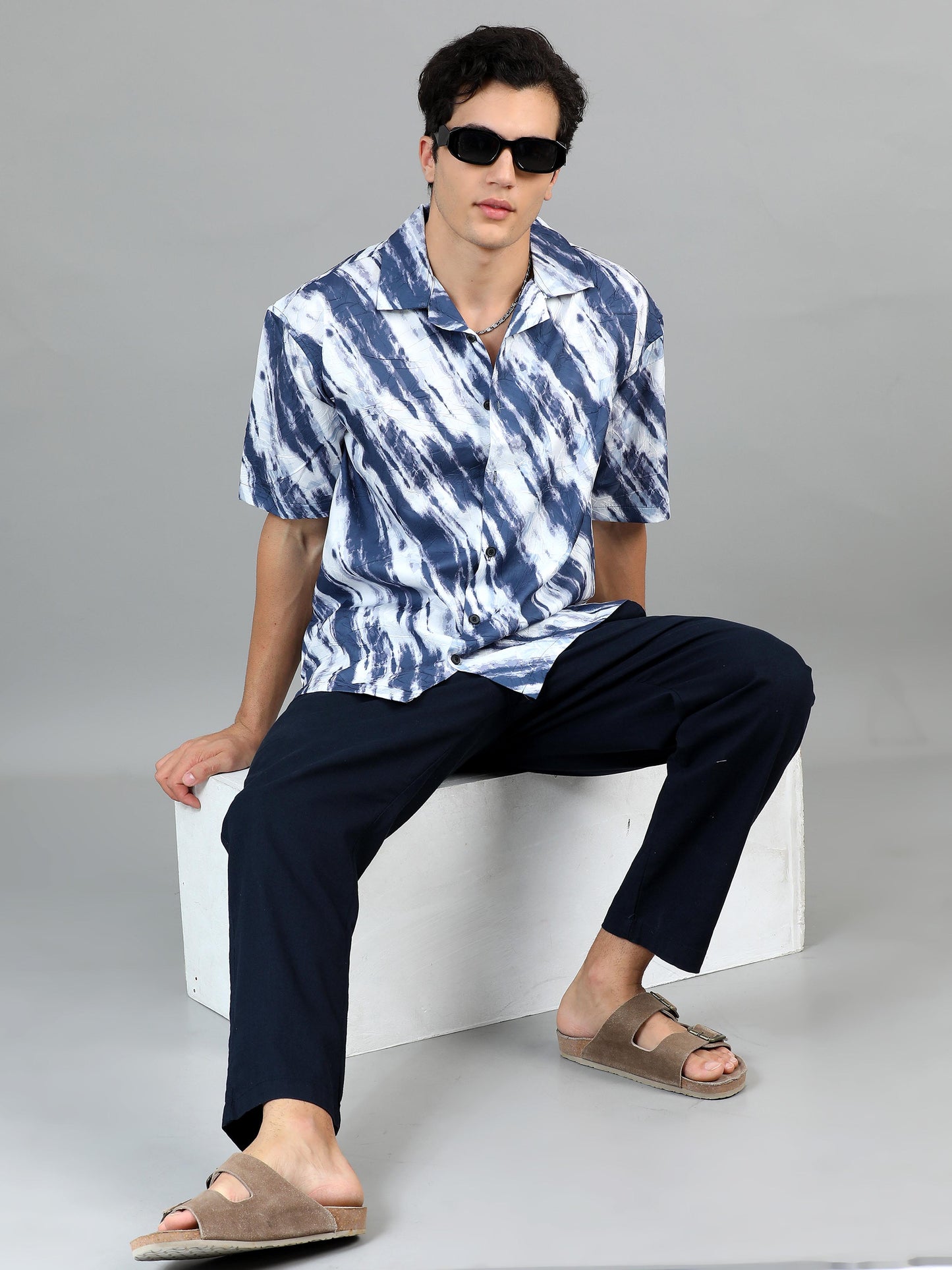 Dusky Blue & White Printed Shirt for Men