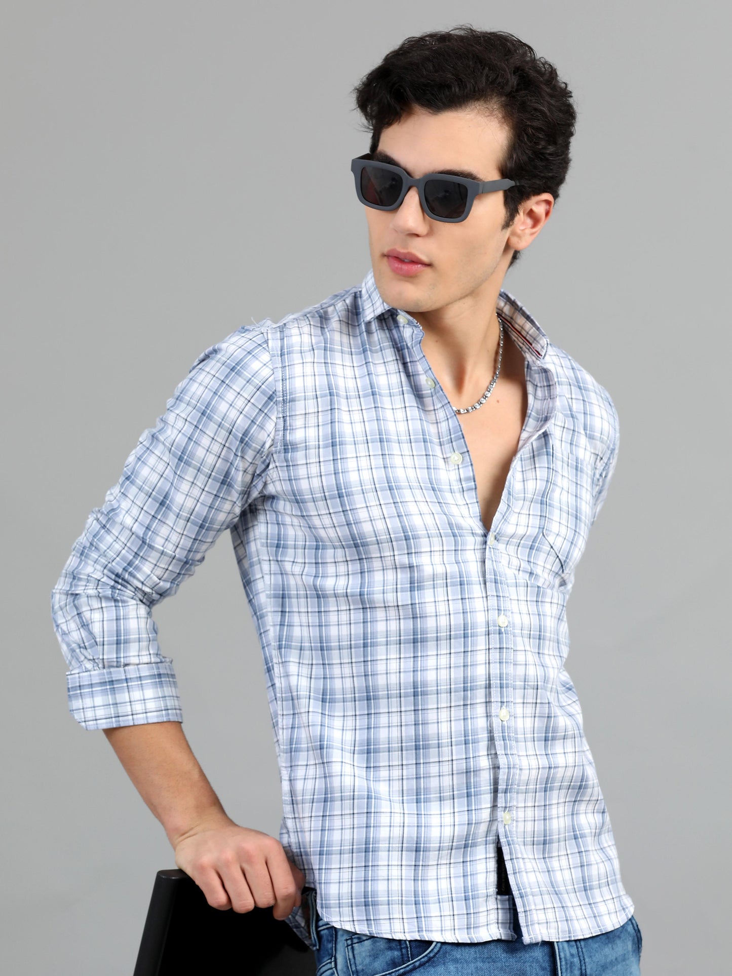 Light Blue & Grey Check Shirt for Men