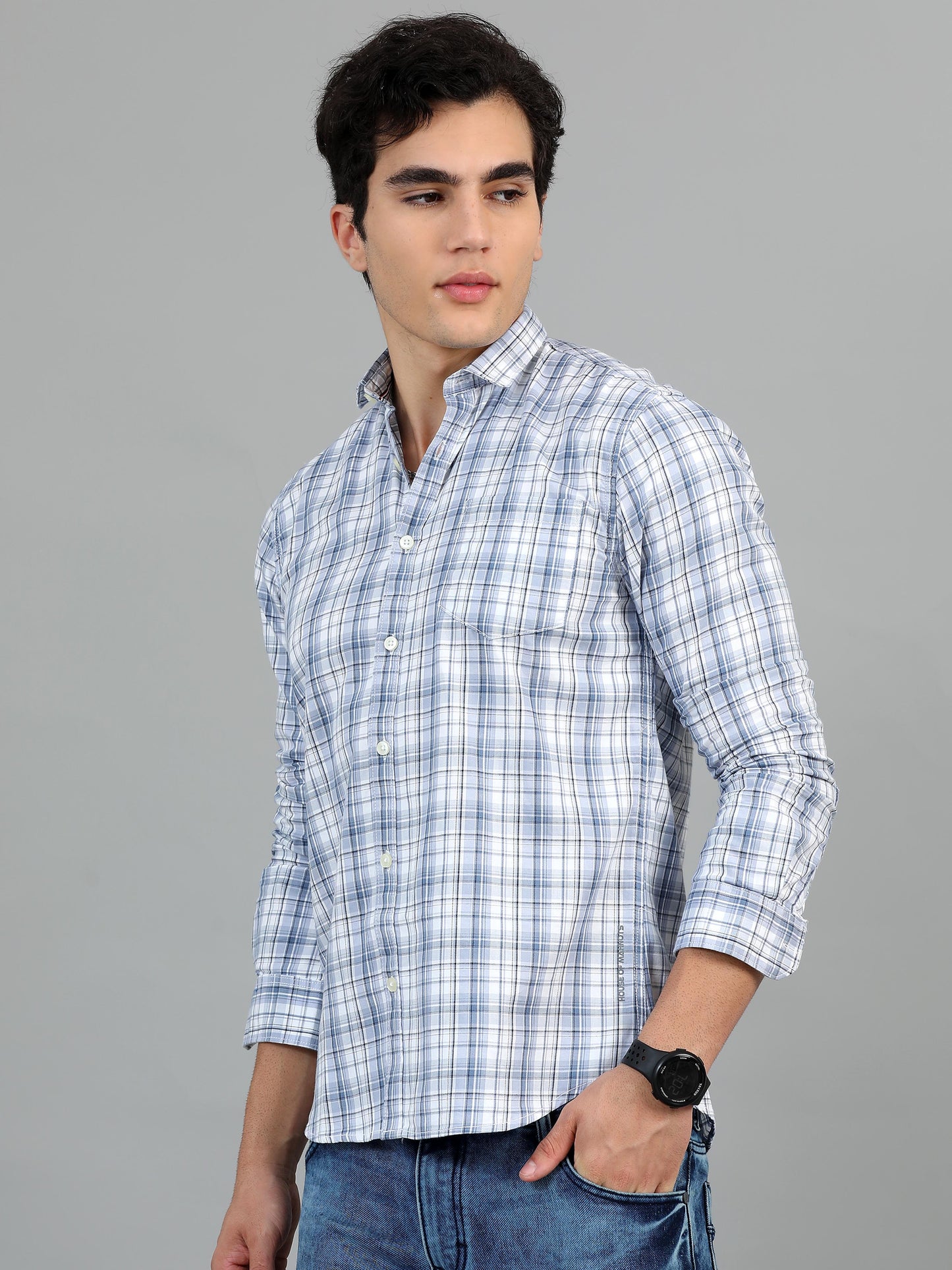 Light Blue & Grey Check Shirt for Men